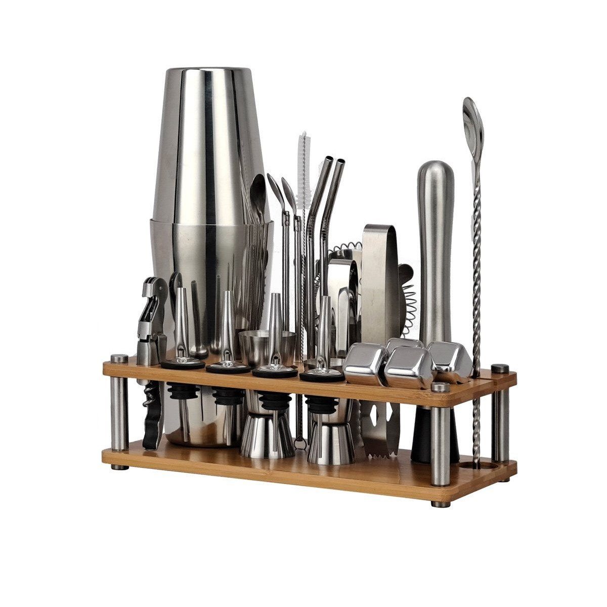 Cocktail Shaker 23-teiliges Barkeeper-Set, 750ml mit Bambus-Ständer Cocktail-Shaker