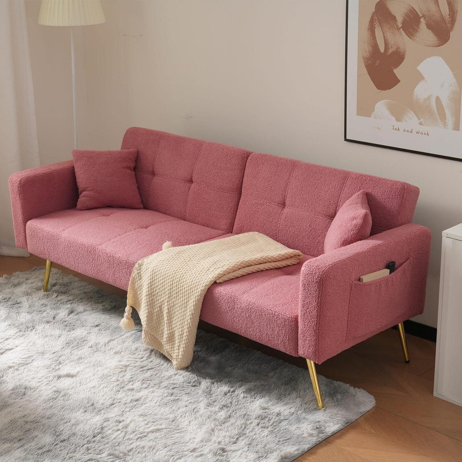 LuxusKollektion Schlafsofa Schlafsofa verstellbare Rückenlehne Goldbeine Kissen Rosa