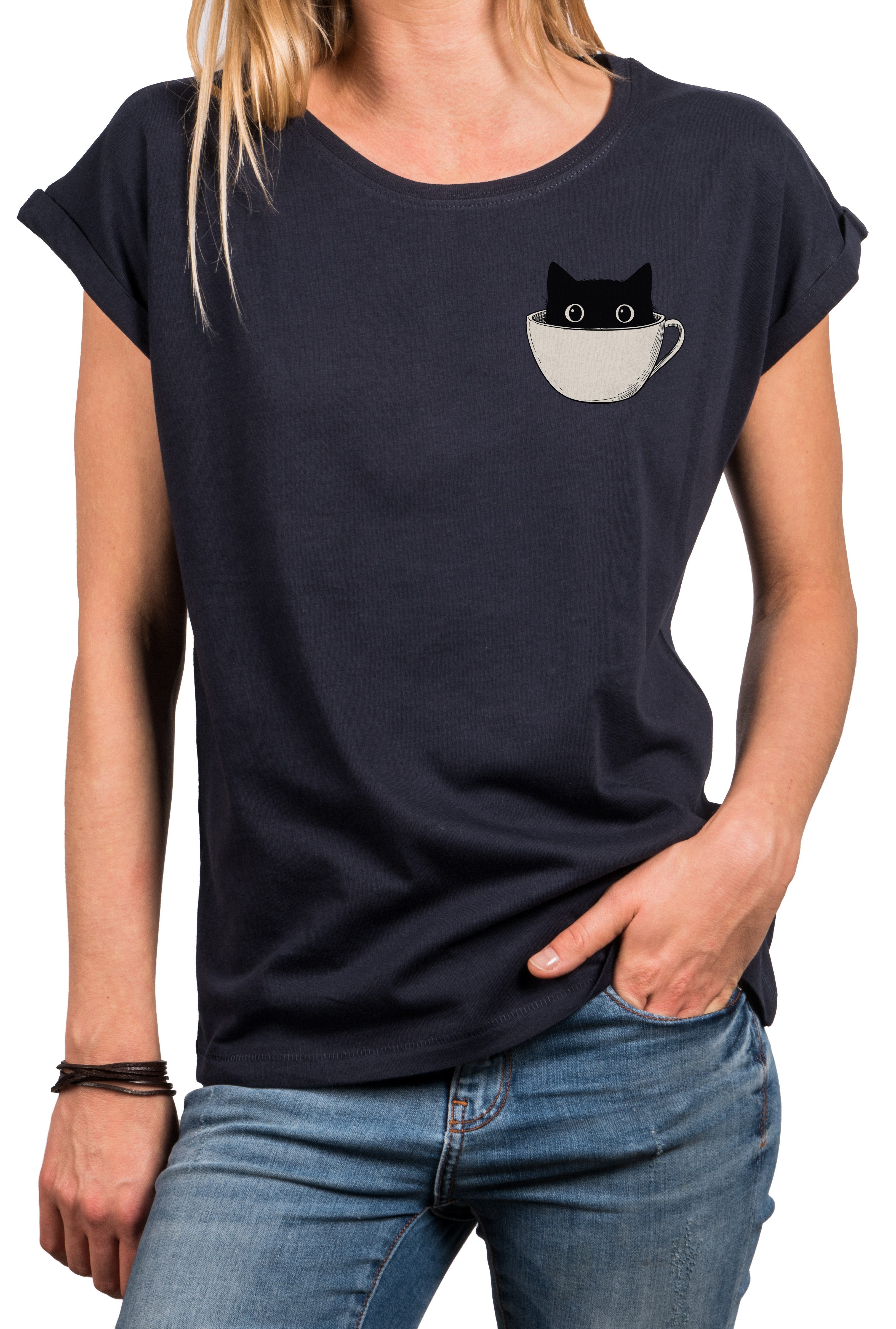 MAKAYA T-Shirt Lustiges Damen-Top mit Katzenmotiv – Katze in Kaffeetasse Pr günstig online kaufen