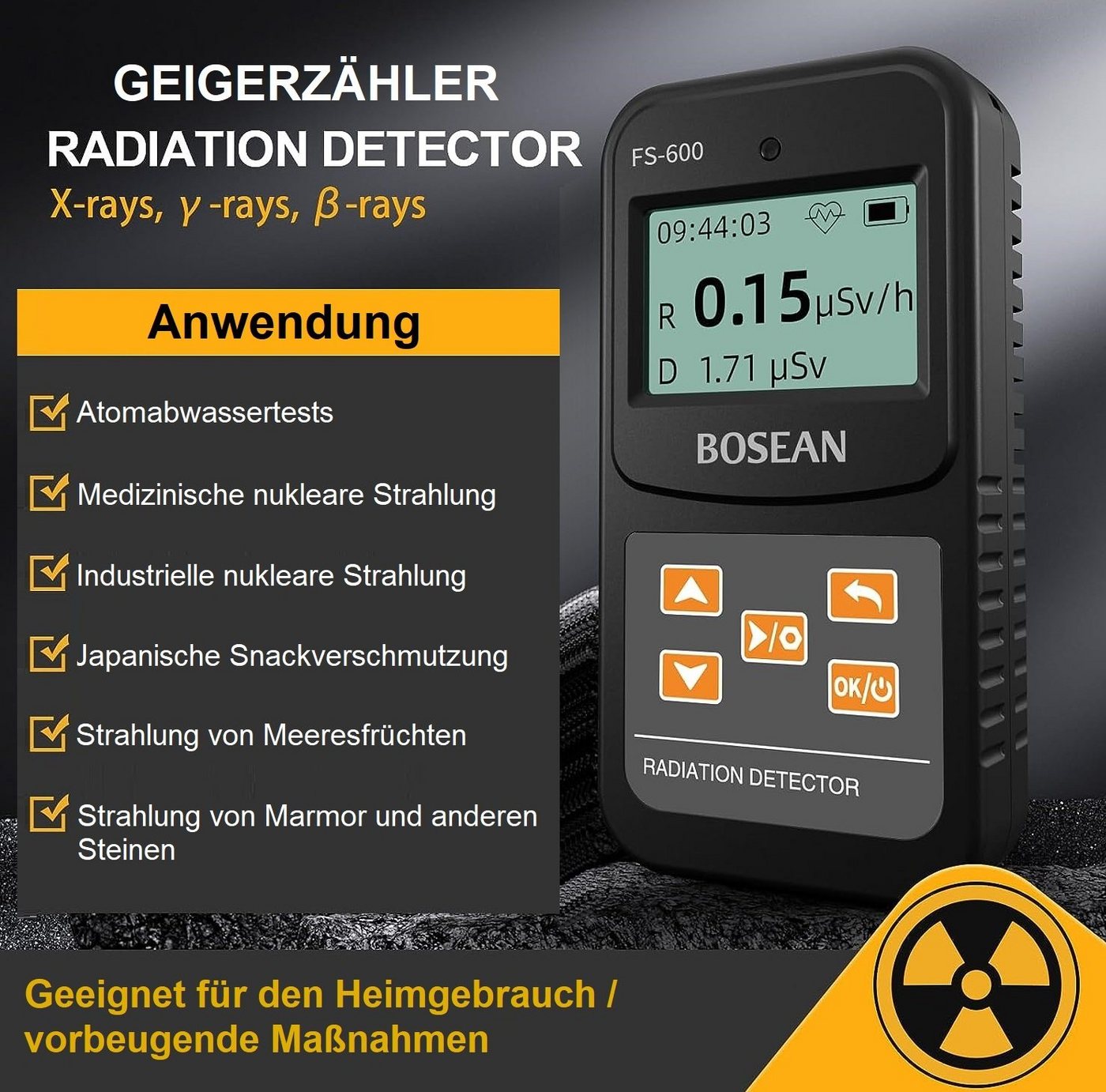 Thumbnail - Bosean FS-600 Geigerzähler Radiation Detector Strahlungsmessgerät Gefahrenmeldeanlage (LCD-Display, erfasst Röntgen- Bet...