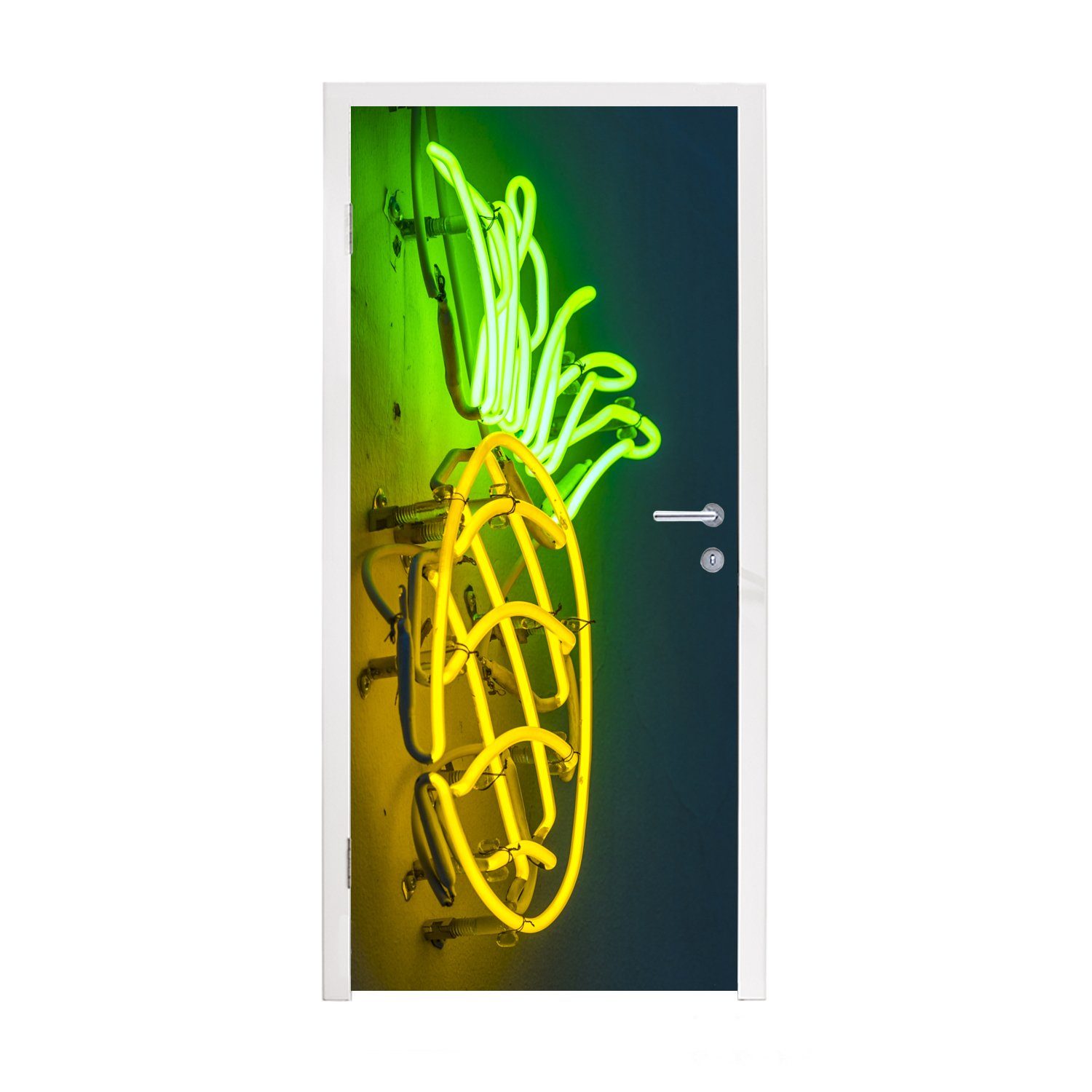 Tür, Lampe, Ananas cm (1 bedruckt, Matt, Fototapete St), - Neon Türtapete MuchoWow Türaufkleber, - 75x205 für