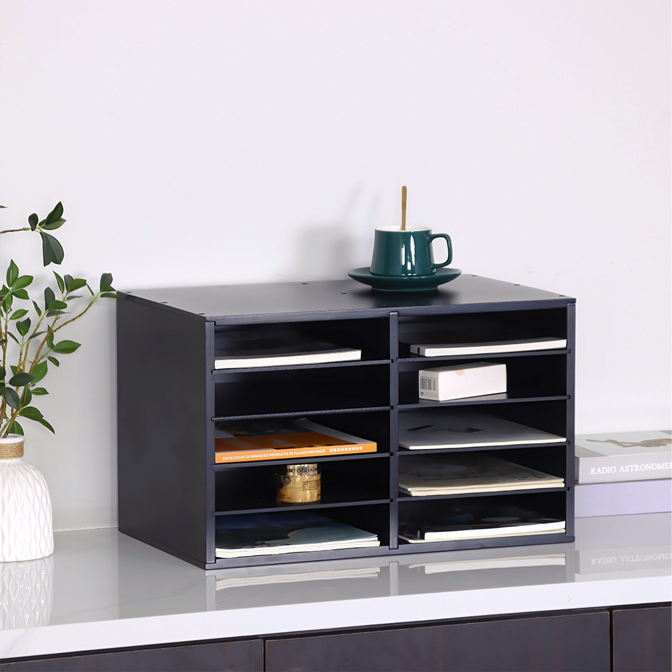 relaxdays Briefablage Dokumentenablage Bambus 10 Fächer, schwarz