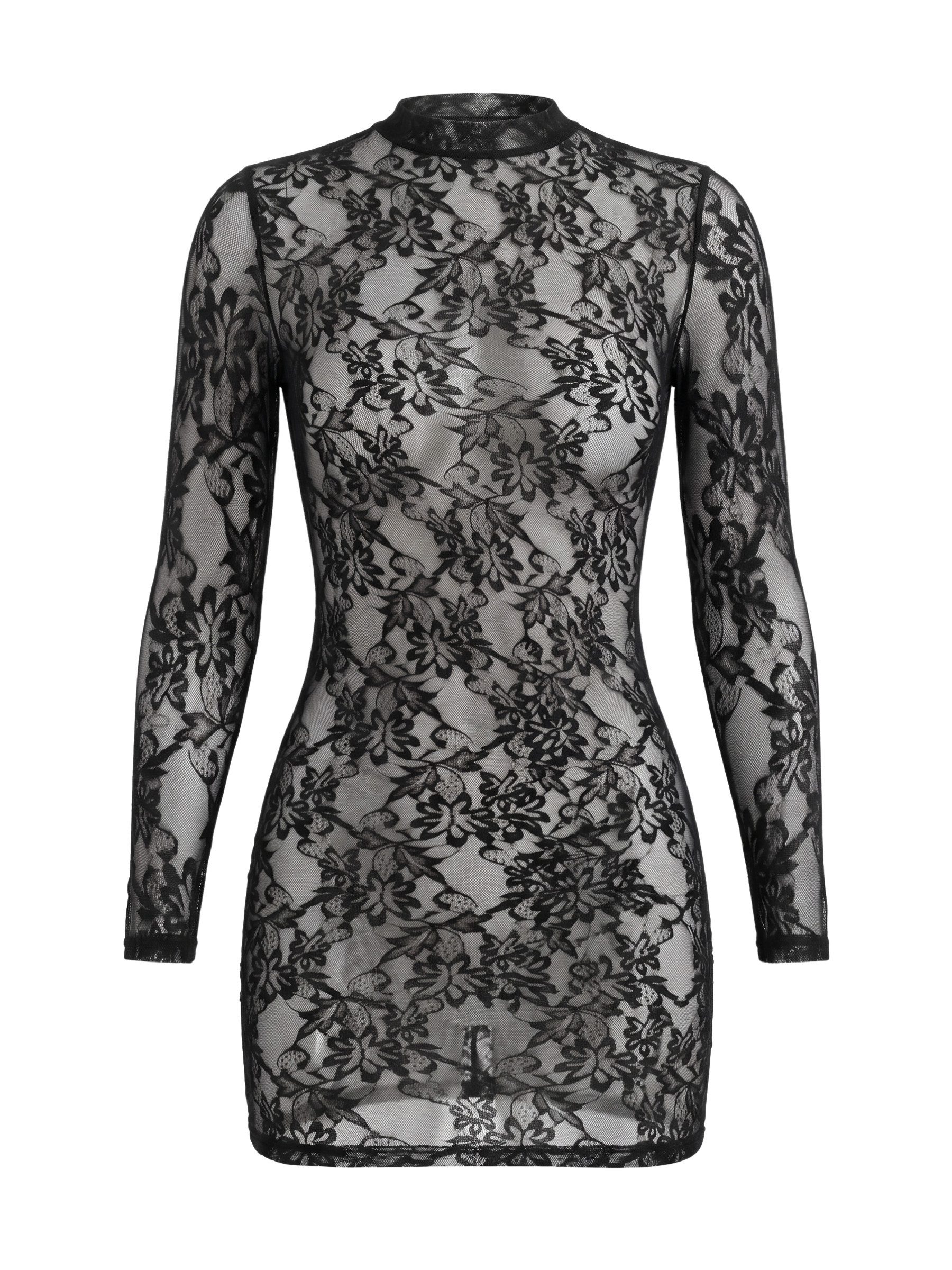 Elegant Love Spitzenkleid Transparentes Bodycon-Kleid – Sexy Langarm-Minikleid aus Spitze (Einzelteil) Langarm-Reizwäsche mit Stehkragen – Dessous