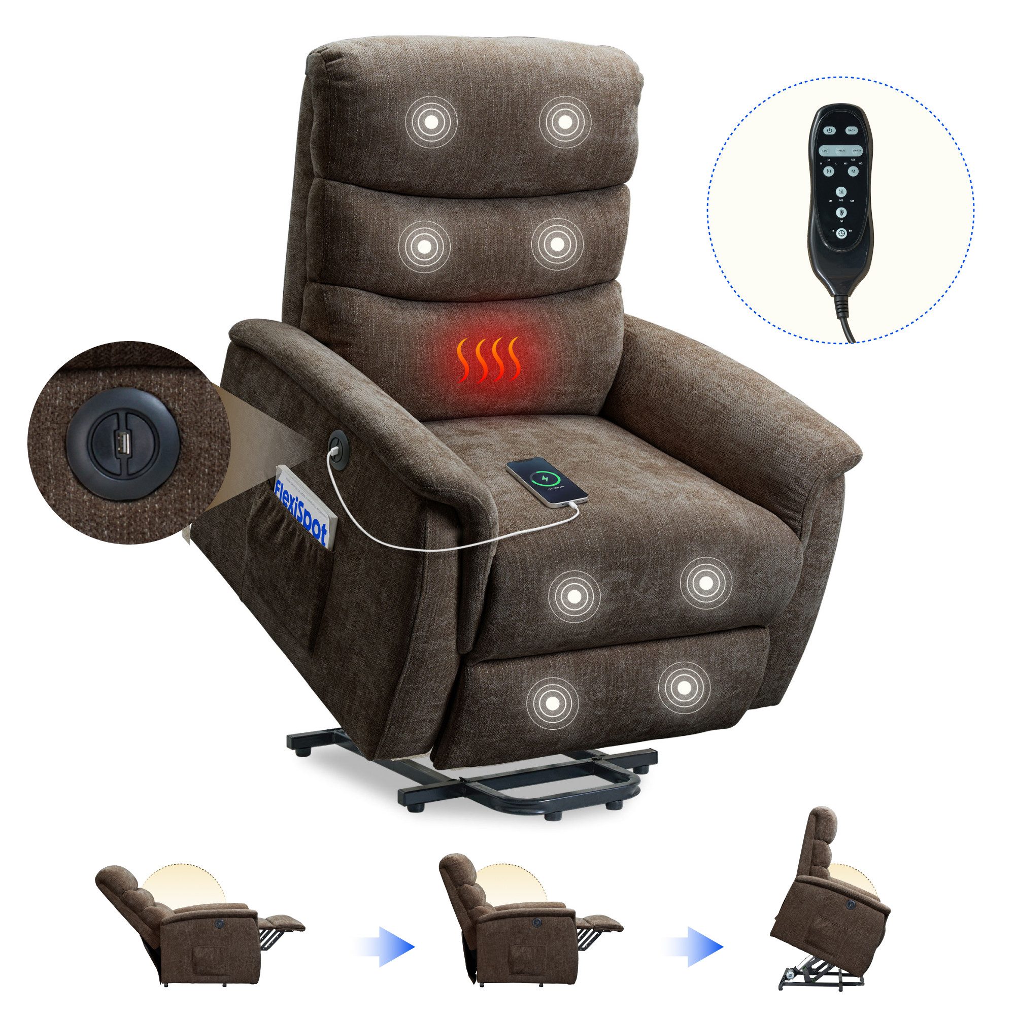 FLEXISPOT Sessel Multifunktionaler Elektrischer Relaxsessel Mit Aufstehhilfe (mit Sitzheizung-, Massage- und Liegefunktion, USB-Ladeanschluss und zusätzlicher Stauraum), 110° - 140° verstellbar