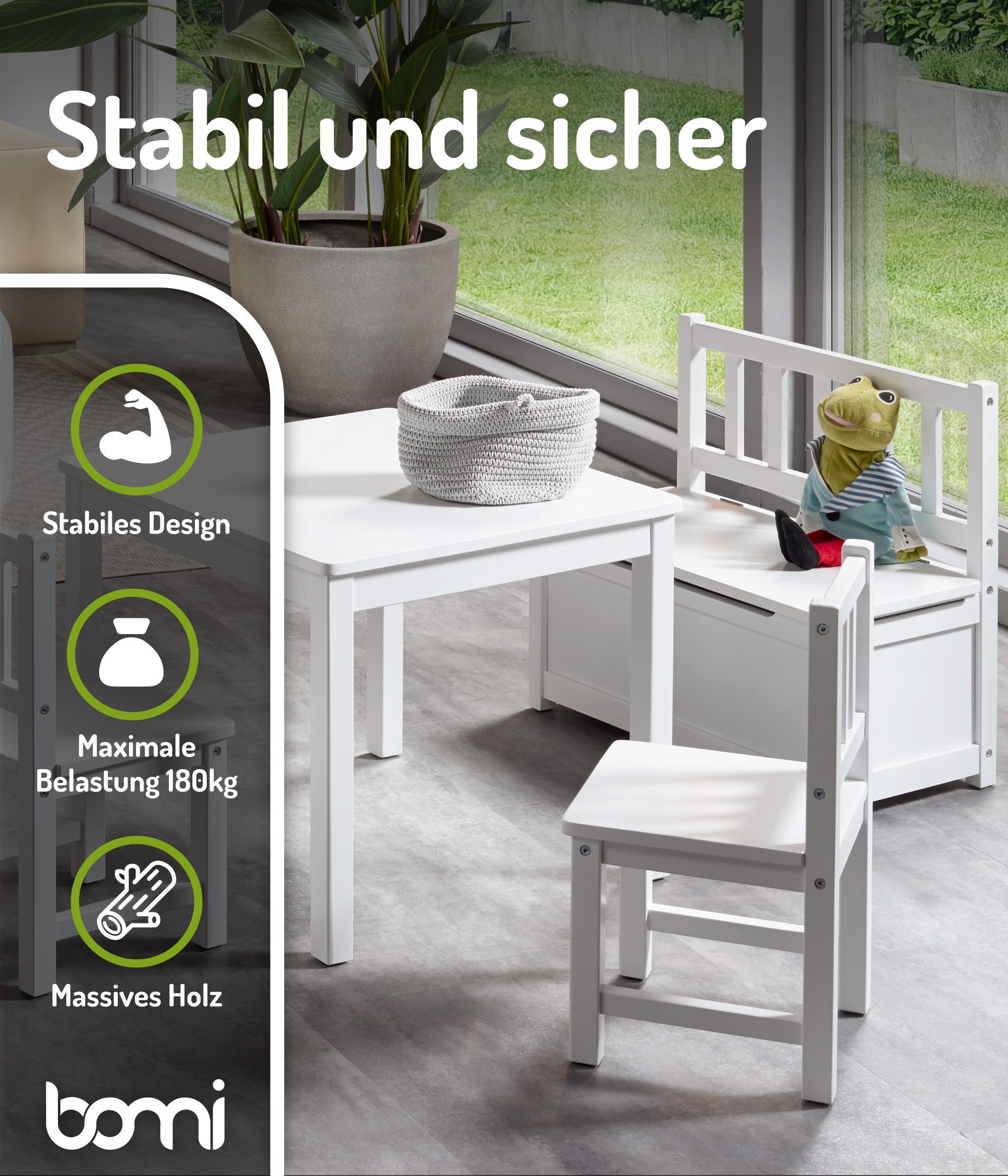 BOMI Kindersitzgruppe Holzsitzgruppe Anna, (Set, 4-tlg., 1x Tisch, 1x Truhenbank & 2x Stühle), Kindertischgruppe aus Holz, als Spiel- & Maltisch – Bild 5 von 5