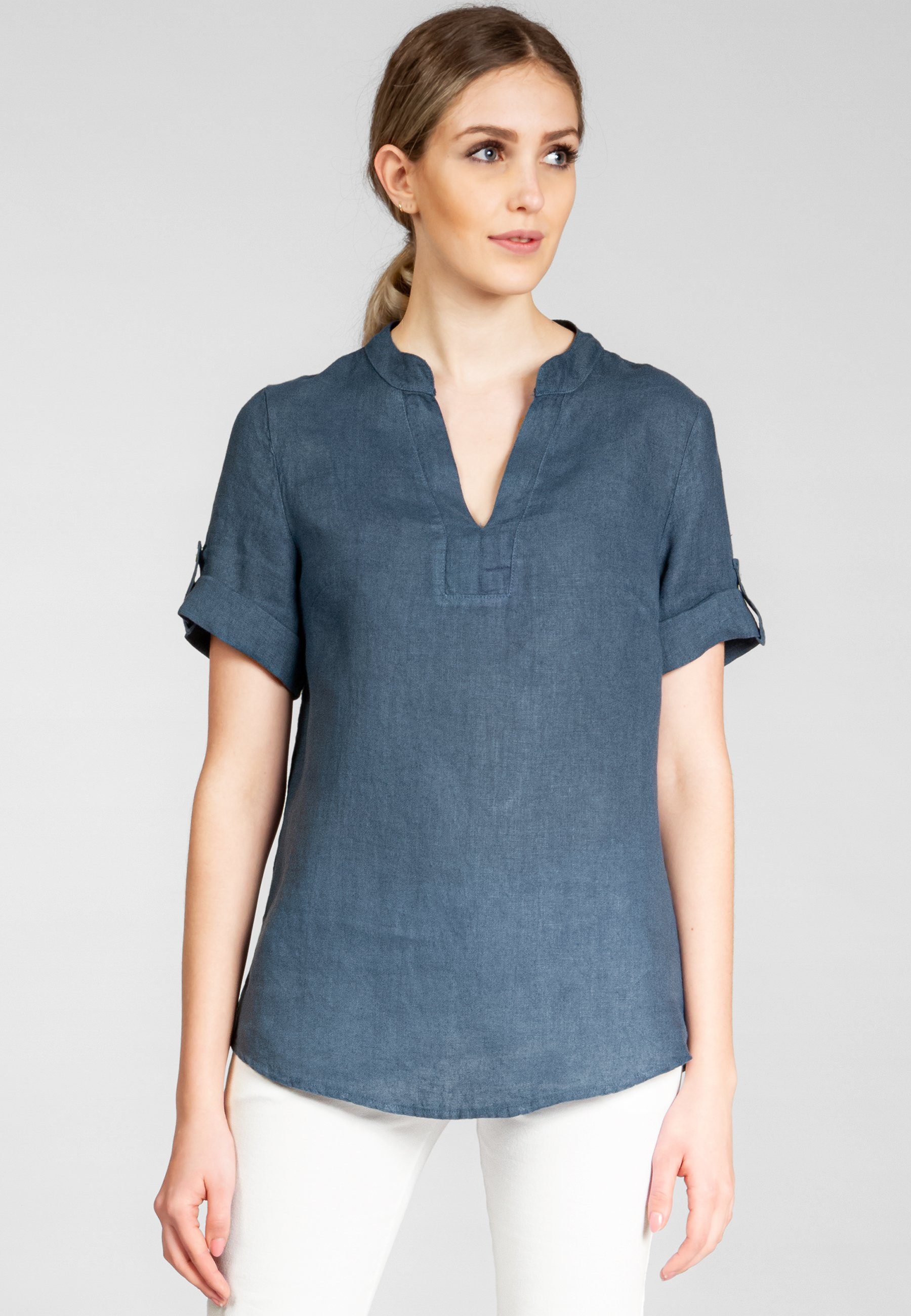 Shirtbluse BLU024 elegante Damen Halbarm Sommer Leinenbluse
