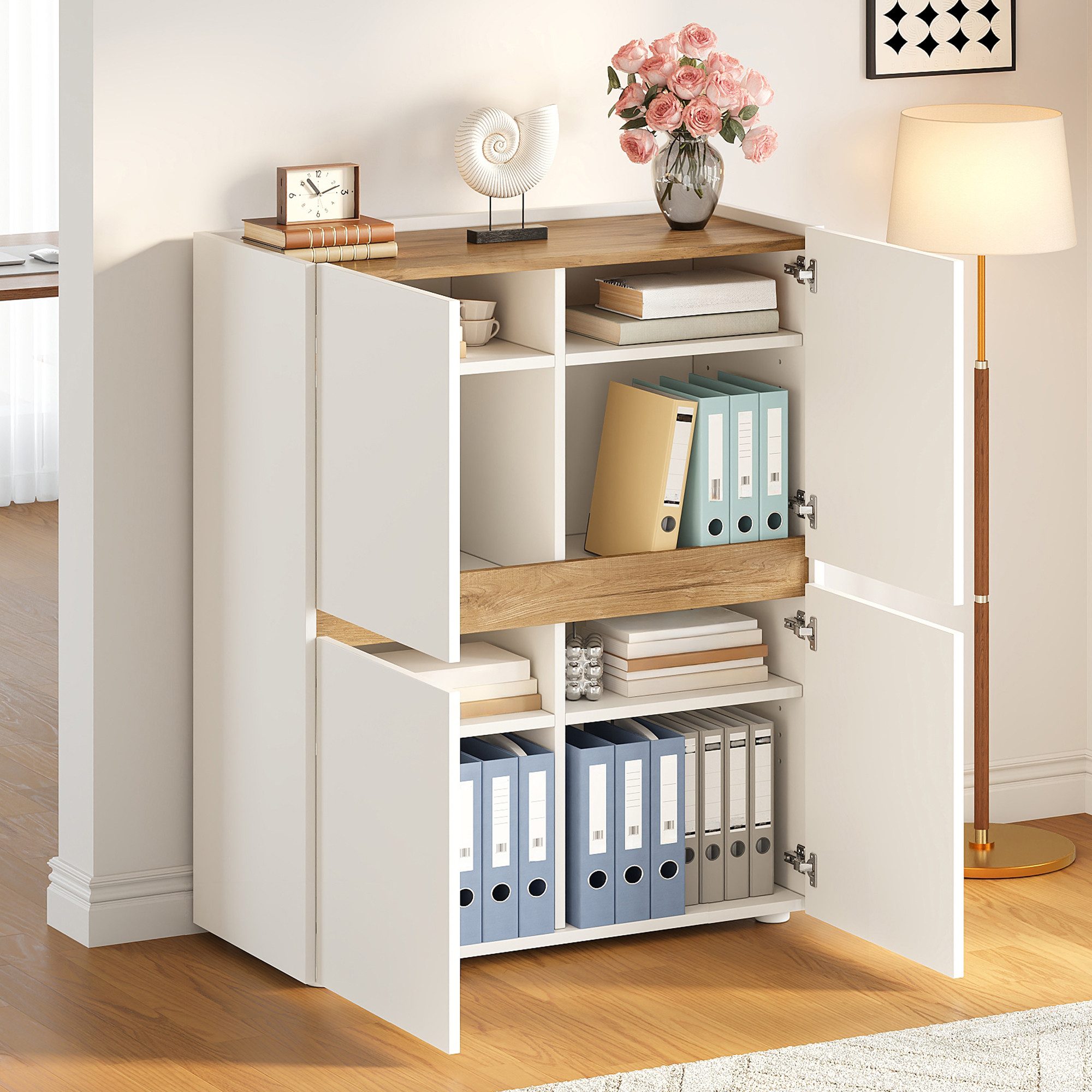 Flieks Aktenschrank Highboard mit Arbeitsplatte in Holzoptik Natur, 4 Türen, 8 Fächern (90x40x110 cm, 1-St) Mehrzweckschrank Bücherregal mit verstellbare Einlegeböden Weiß