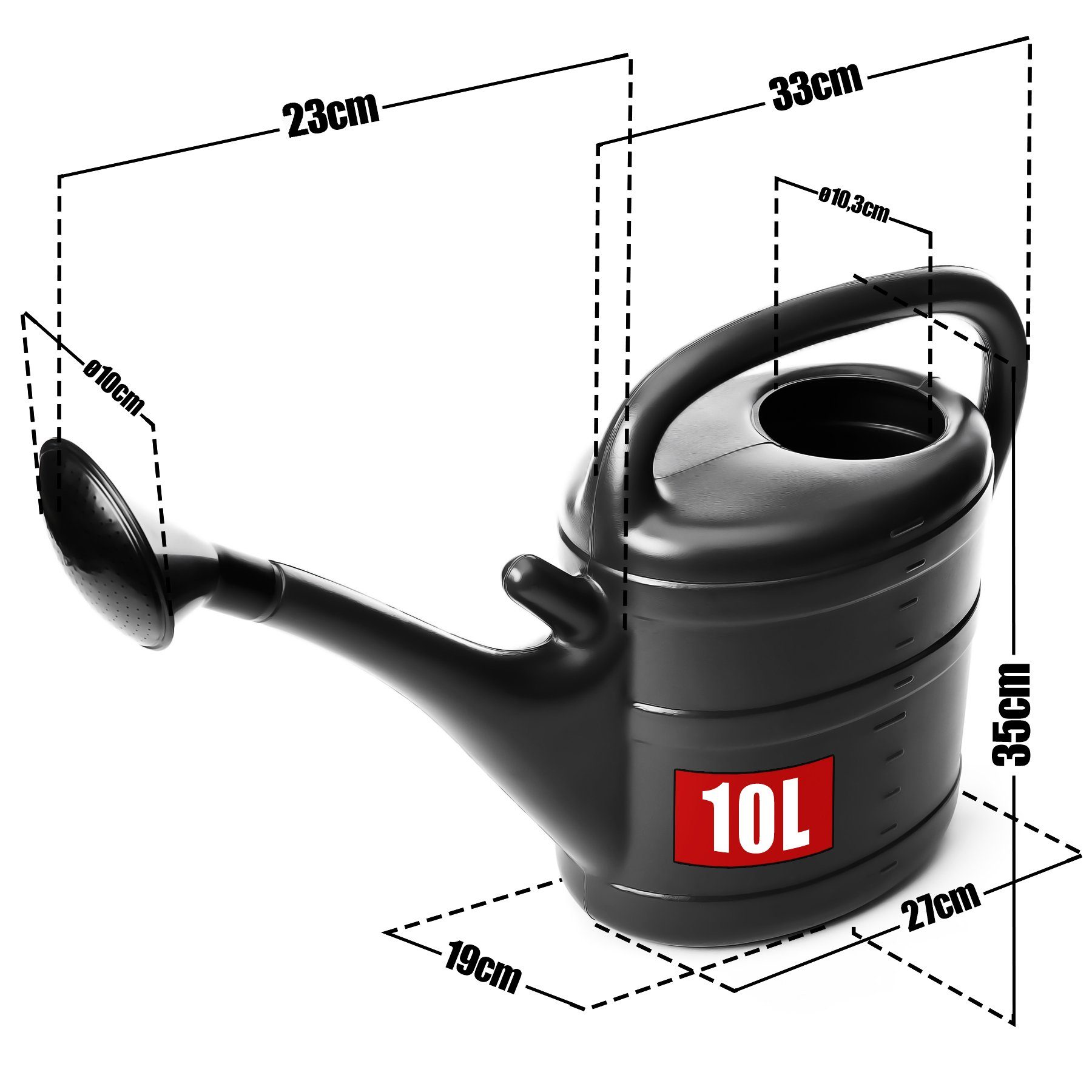BigDean Gießkanne 10 Liter anthrazit - Gartengießkanne mit Abnehmbarer Brause (Set, 3-tlg., Gießkanne + Brausenkopf), Robustter Kunststoff, Gießbrausenaufsatz, Brausenhalter