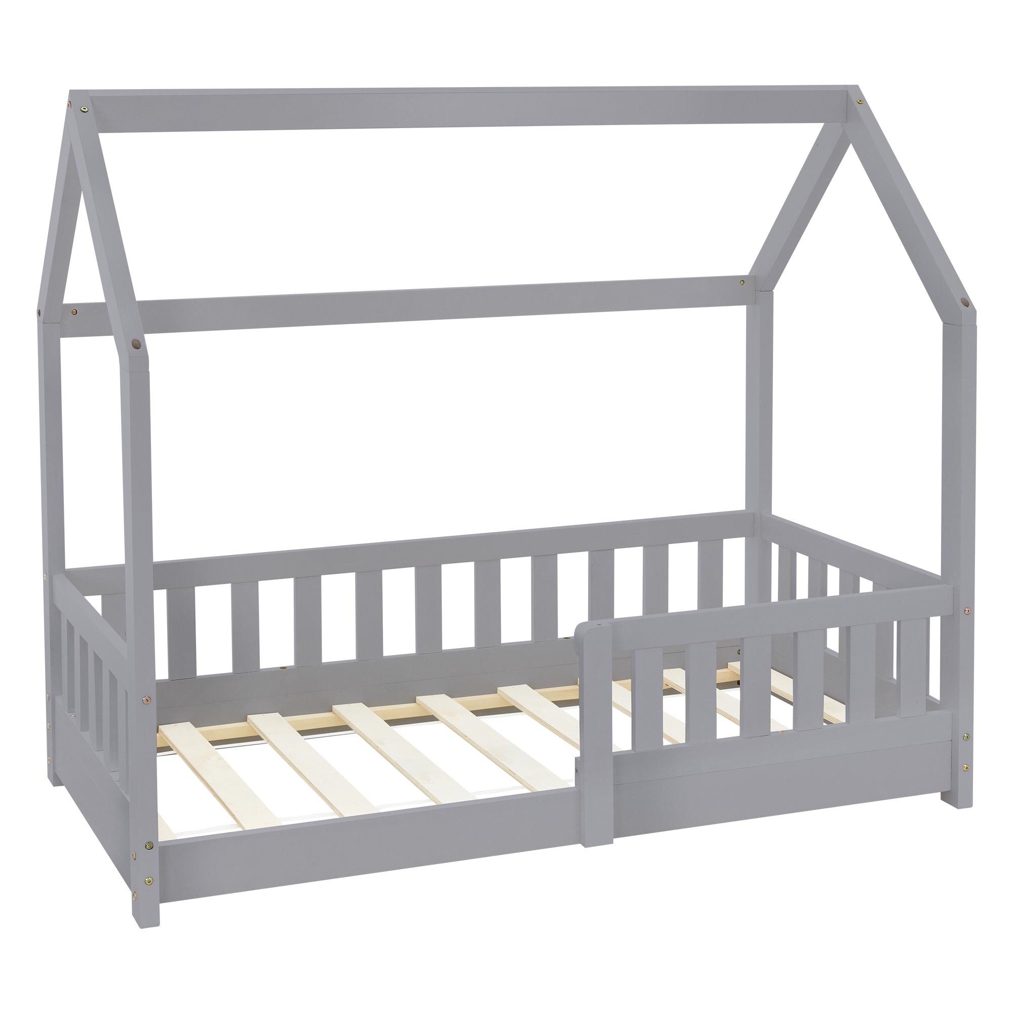 ML-DESIGN Spielbett Hausbett Kinderbett inkl. Lattenrost kreativ Bodenbett für Kinder, Abenteuerbett mit Rausfallschutz Kiefer Hellgrau Himmelbett Bettenhaus