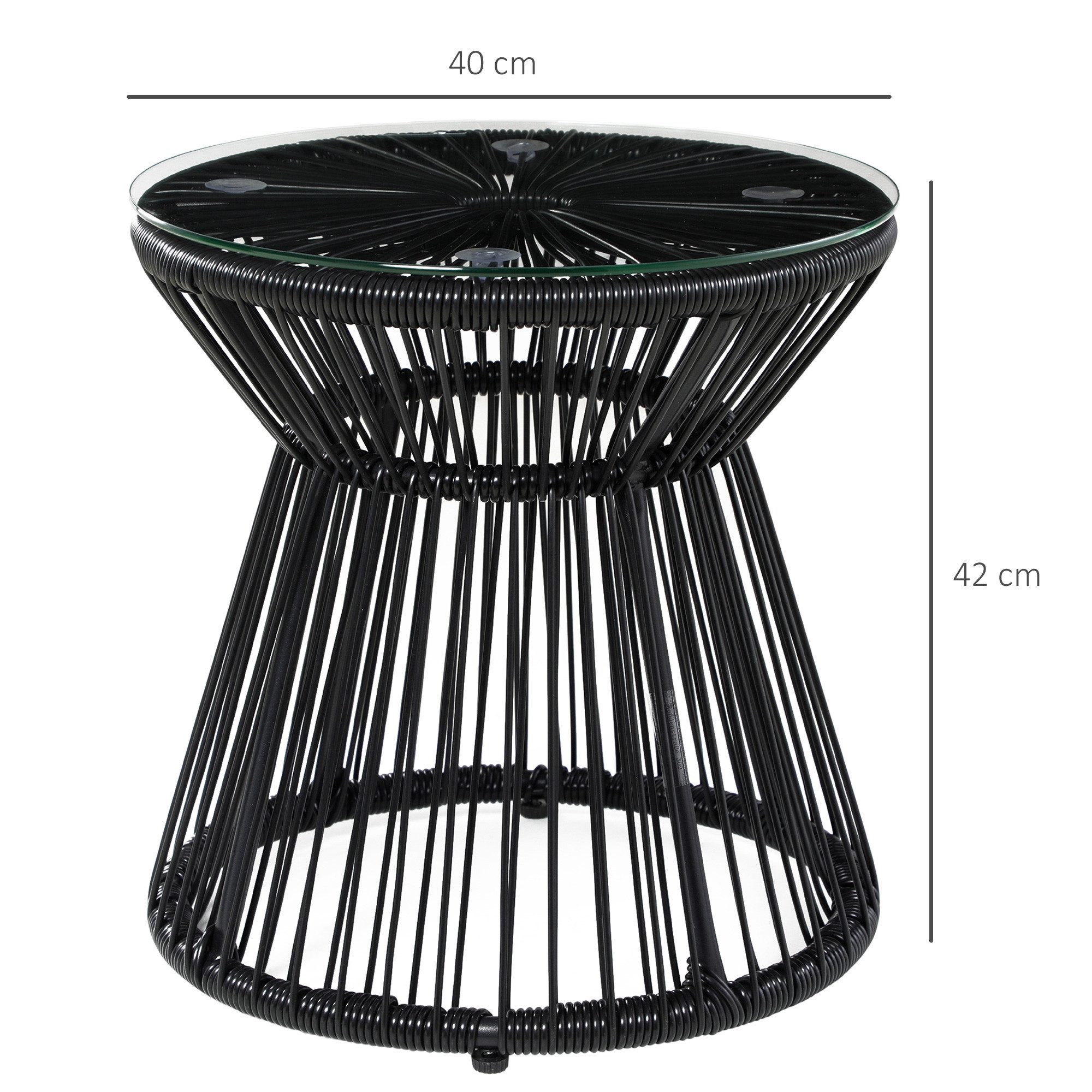 Outsunny Beistelltisch aus PE Rattan mit Tablett Glastischplatte, für Garten 40x40x42cm (Gartentisch, 1-St., Couchtisch), für Terrasse, Balkon, Metall, Schwarz – Bild 3 von 5