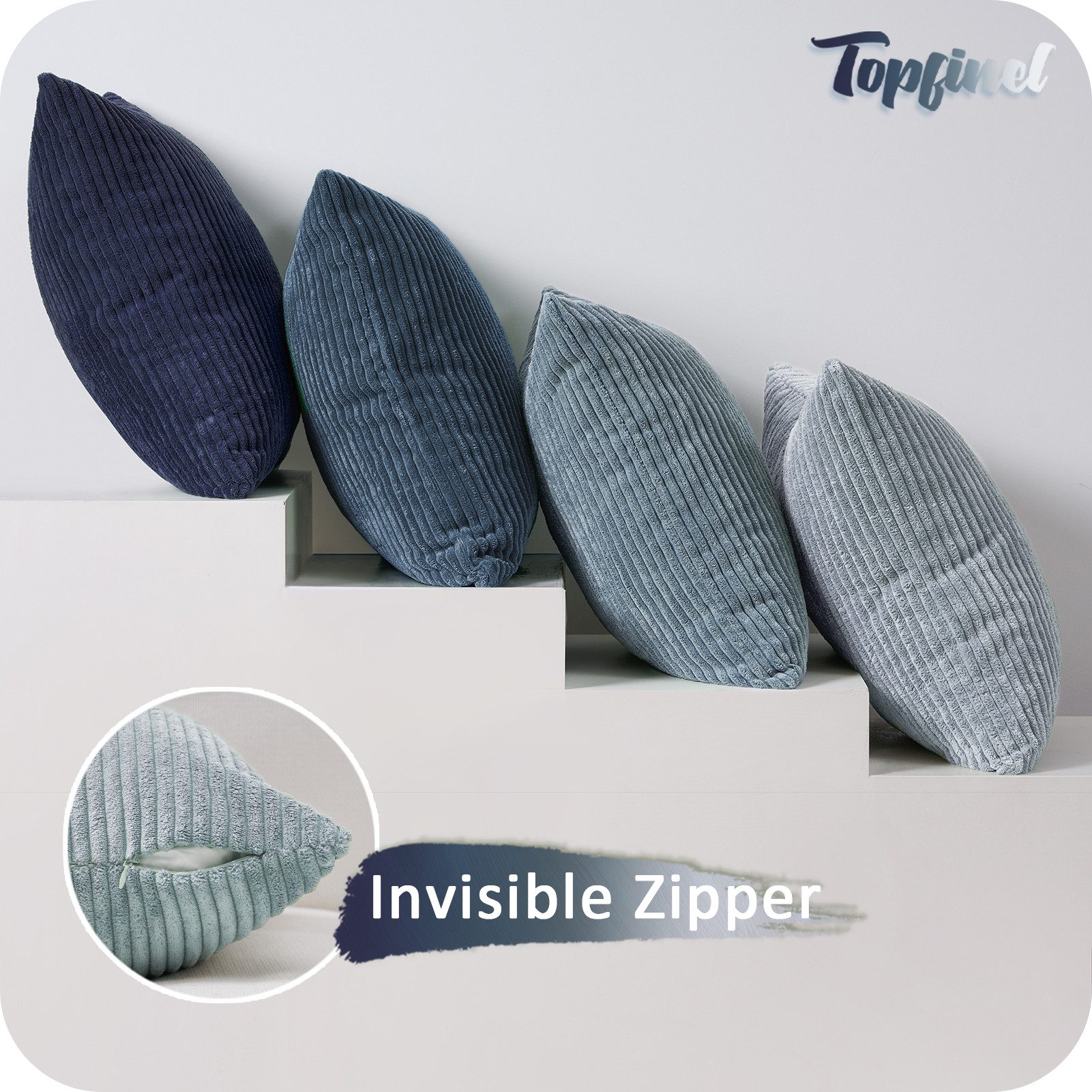 Topfinel Kissenbezüge 4er Set Kordsamt, flauschig Farbverlauf, Gestreift, kissenhüllen 45x45 dekokissen blau sofakissenbezug couchkissen