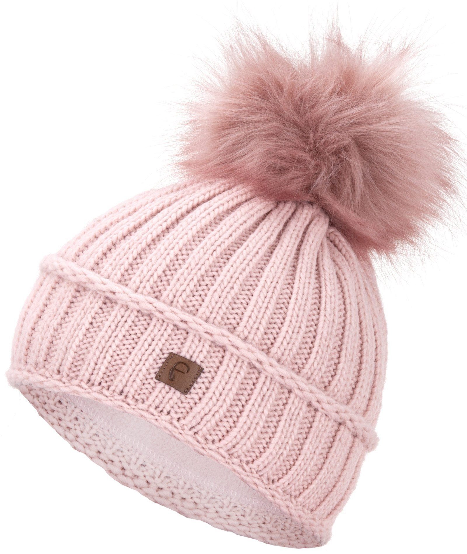 Faera Beanie Wintermütze mit Futter mit Kunstfell Bommel-Mütze Unisex One-Size