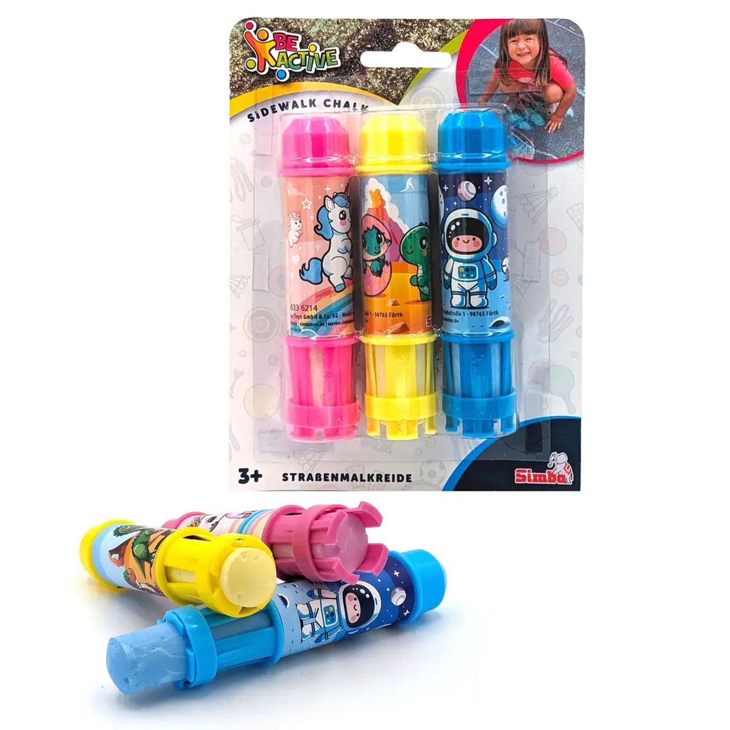SIMBA Malkreide Be Active Straßenmalkreide-Halter 3er Set inkl. Kreide, Motive Einhorn, Dino, Astronaut