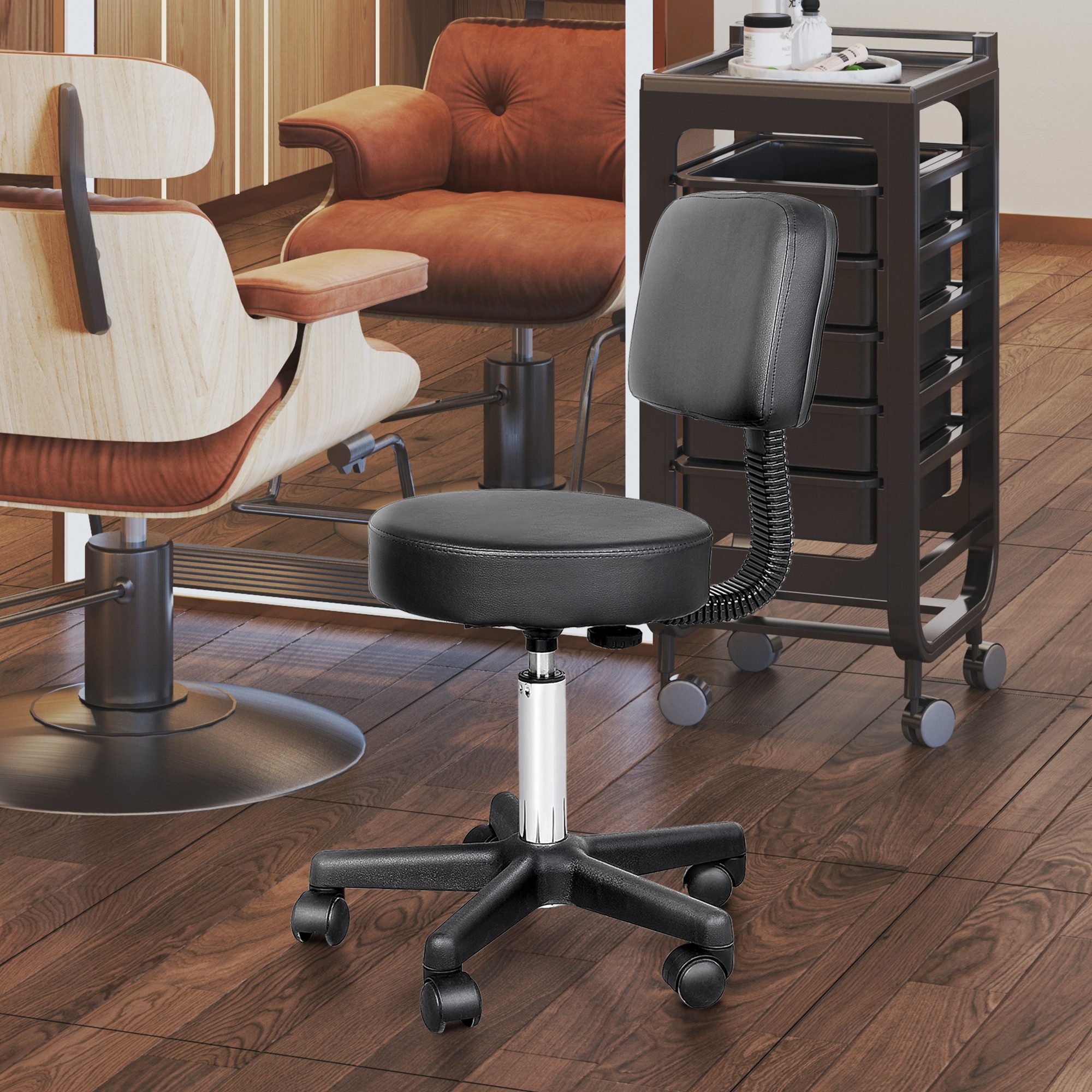 HOMCOM Drehhocker Rollhocker höhenverstellbar mit Rückenlehne (Bürohocker, 1 St., Arbeitshocker), für Büro Salon Massage Spa Schwarz