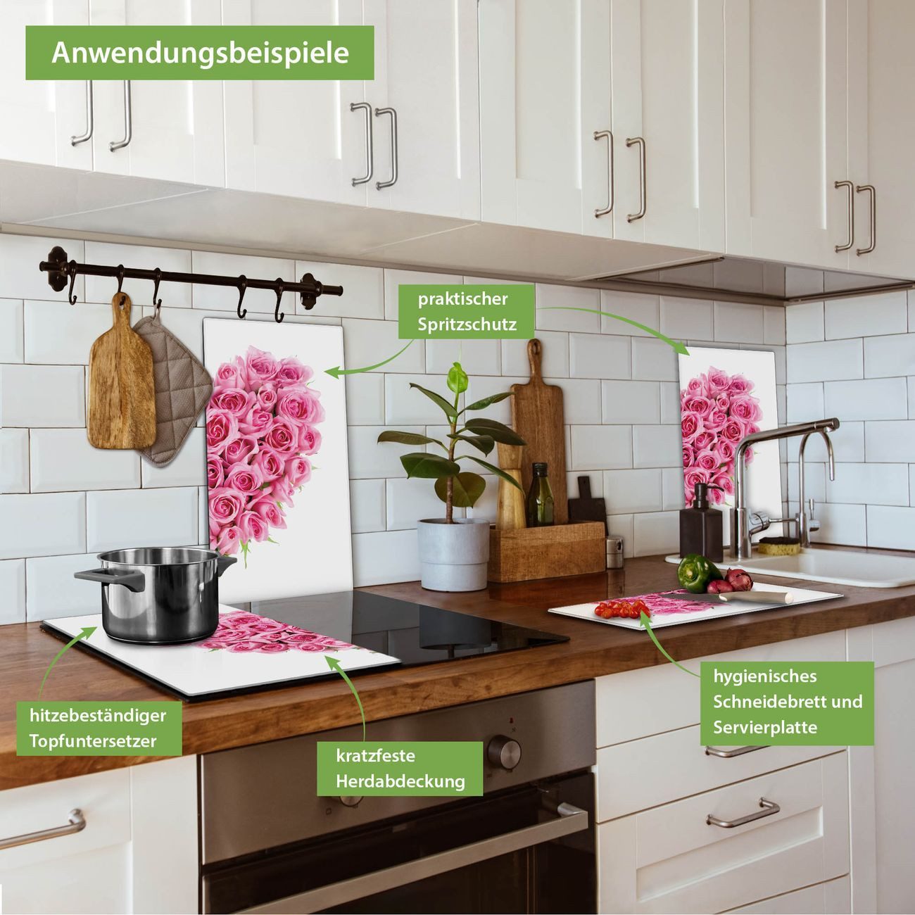 banjado Herd-Abdeckplatte zweiteilig aus Glas mit Motiv Rosenherz, (gehärtet, 2 tlg., inkl. selbstklebende Gummifüßchen)