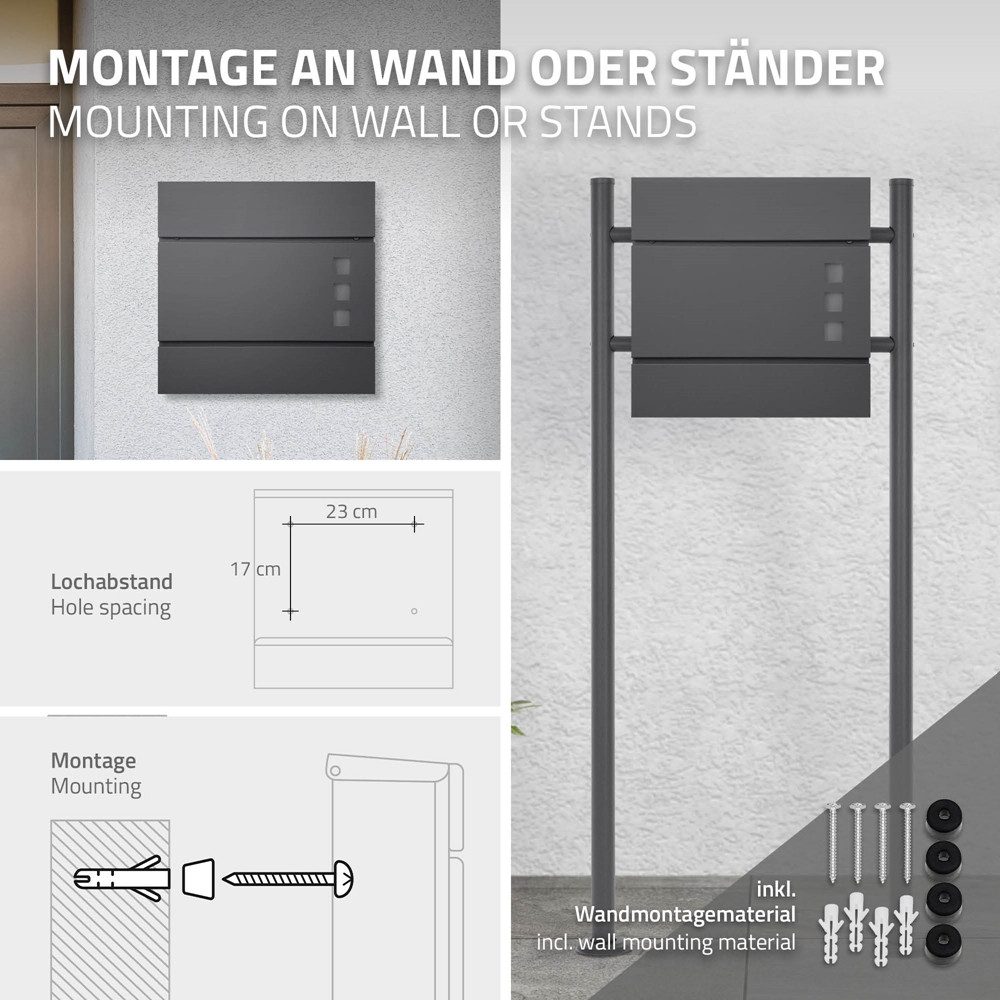 ML-DESIGN Briefkasten Wandbriefkasten Postkasten Design Briefkastenanlage Postbox Mailbox, Standbriefkasten mit Zeitungsfach Schloss und 2 Schlüssel aus Stahl – Bild 5 von 5