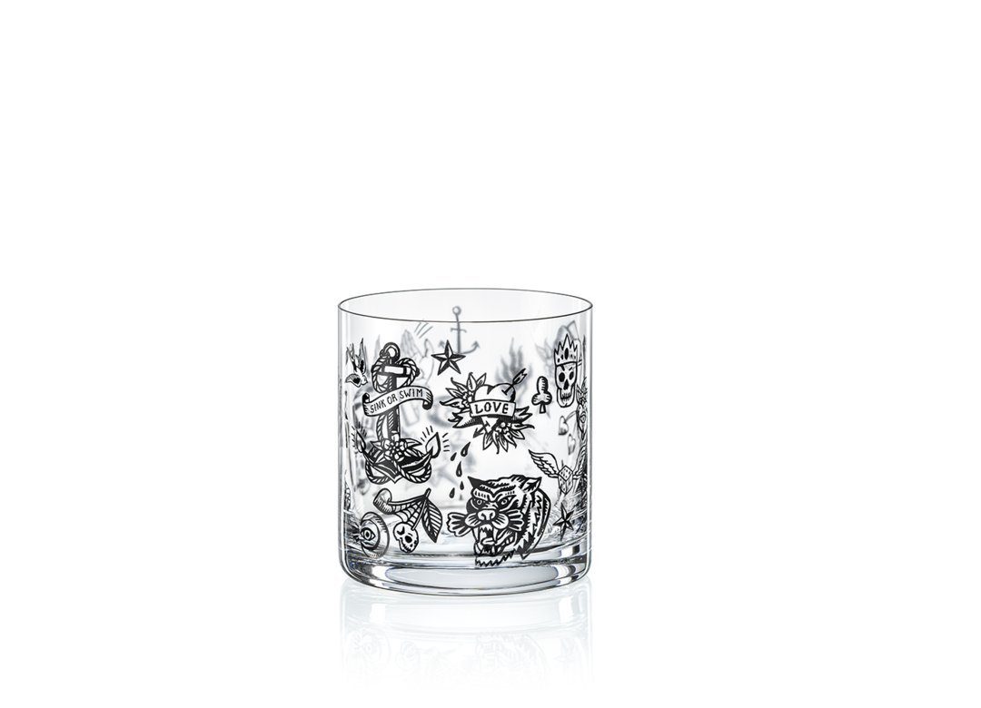 Crystalex Whiskyglas Tattoo Kristallglas Whiskygläser Wassergläser 410 ml 2er Set, 2-tlg., Kristallglas, 2 unterschiedliche Tattoo Motive, Kristallglas
