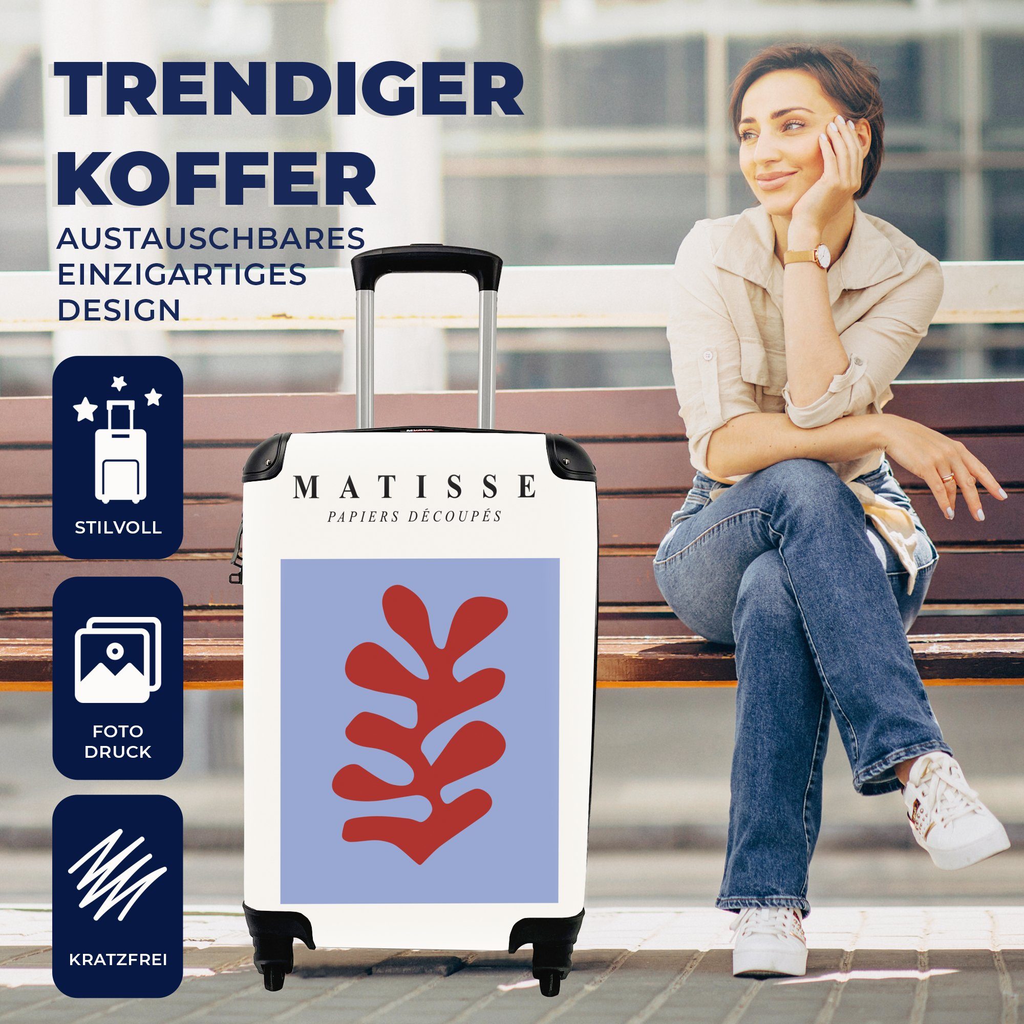 MuchoWow Handgepäckkoffer Matisse - Abstrakt, - Rot rollen, für - - Rollen, Reisetasche Blau mit 4 Handgepäck Blatt Reisekoffer Ferien, Trolley