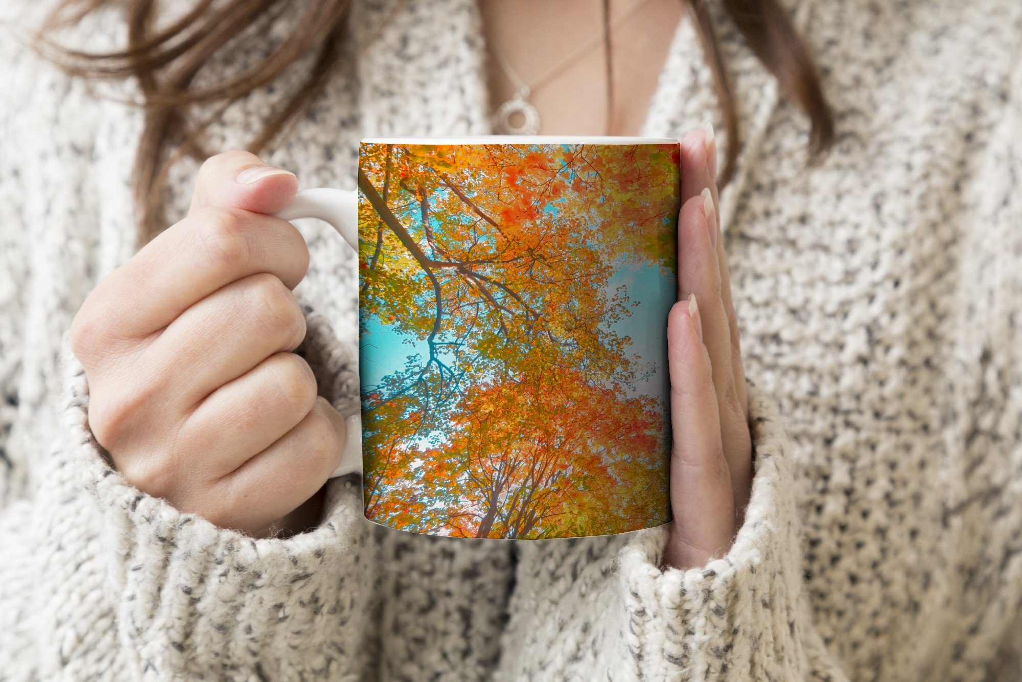 MuchoWow Teetasse, Herz, Keramik, Natur Tasse - Bäume Herbst Orange - - - Becher, Herz Kaffeetassen, Geschenk Teetasse, -