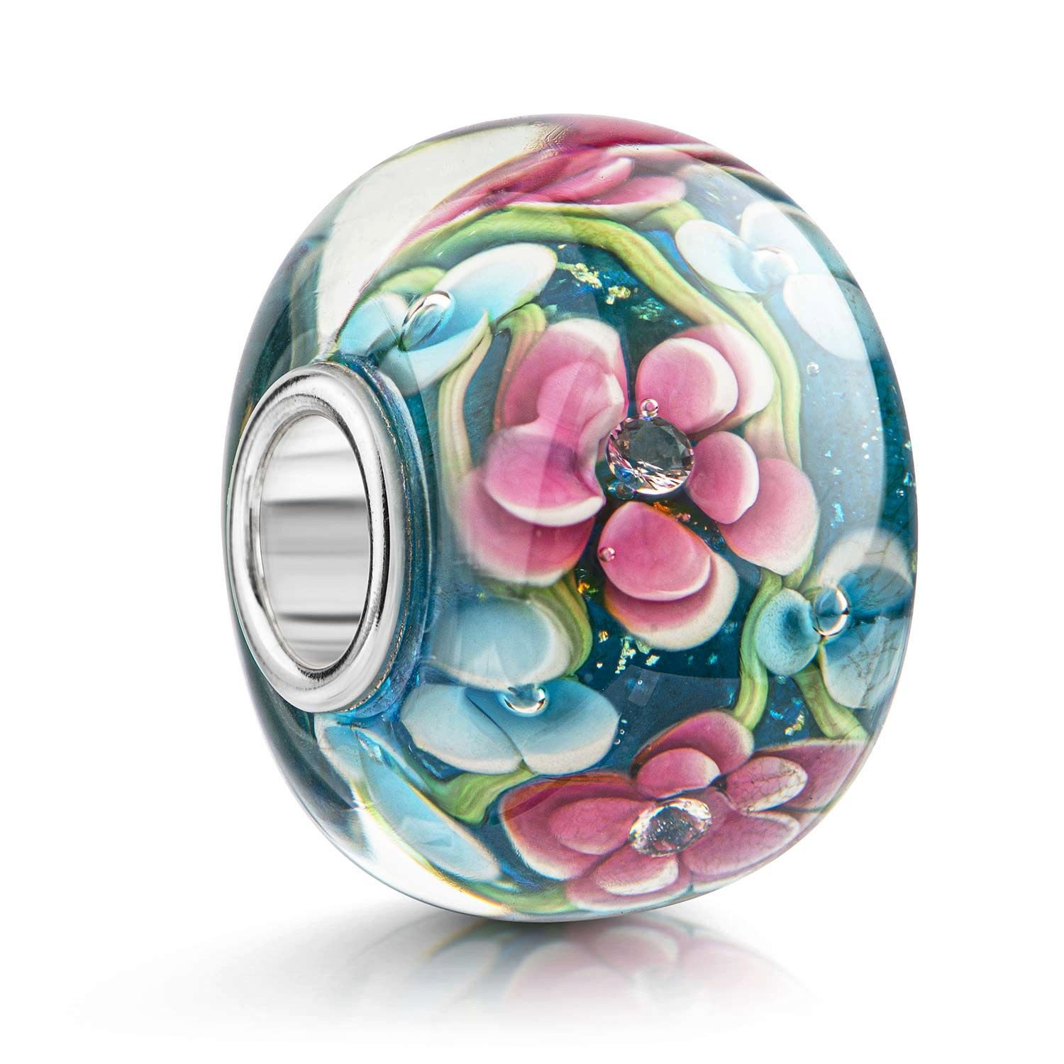 Bead Glasperle XXL Blumen Blau Rosa Grün 1471