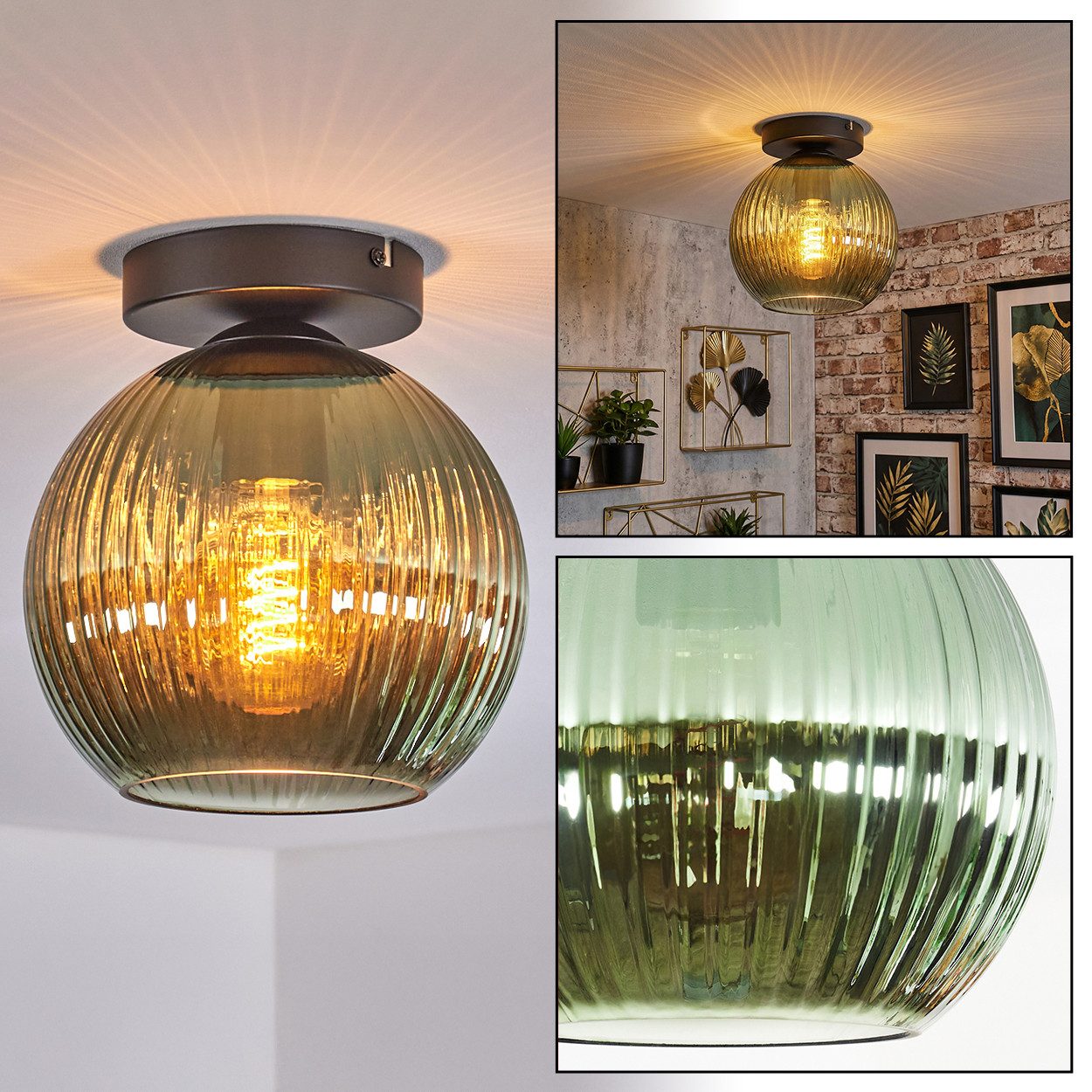 hofstein Deckenleuchte Deckenlampe aus Metall/Riffelglas in Schwarz/Grün, Deckenleuchte im modernen Vintage-Design (Schirm Ø 20 cm), 1 x E27