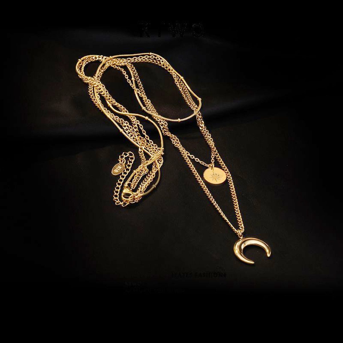 KARMA Statementkette 3 lagige Halskette Gold vergoldet Damen Kette Edelstahl (Damenkette wasserfest antiallergisch, Edelstahlhalskette Edelstahlkette), modern mehrlagig Mond Damenhalskette