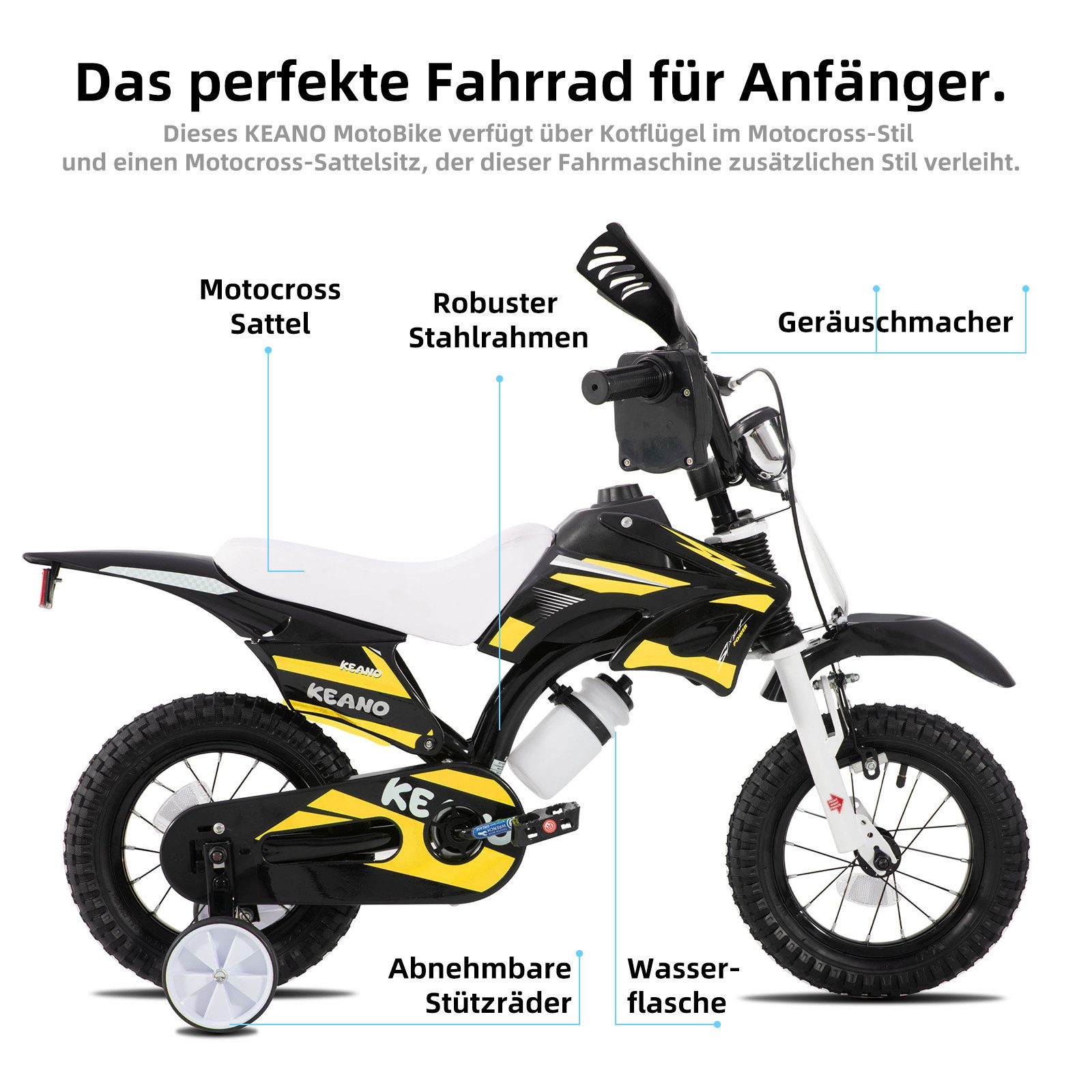 JOYSTAR Kinderfahrrad 12/16 Zoll fahrrad im Motorradstil für 3-8 Jahren Jungen und Mädchen, mit Stützrädern, Getränkehalter und Schutzblechen