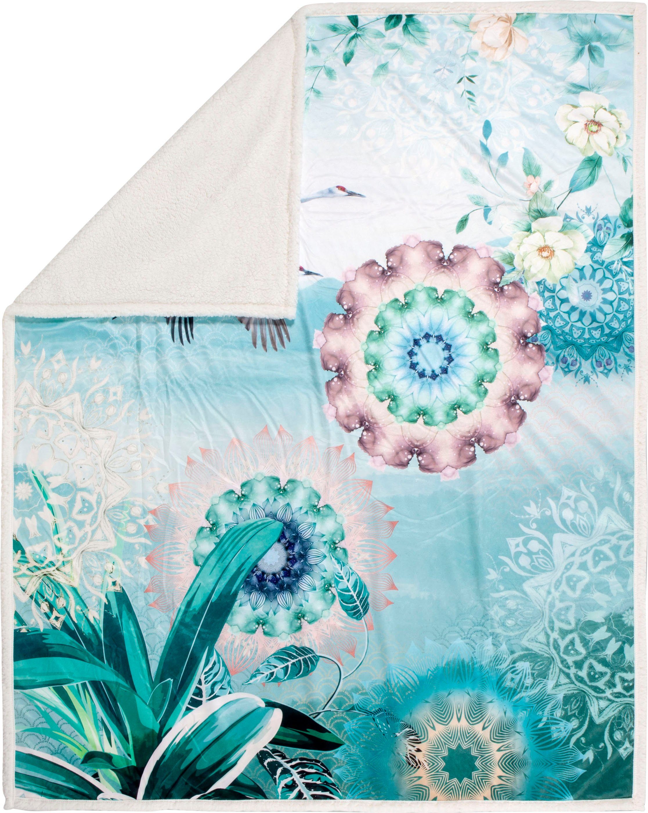 Plaid Bindi, hip, Sehr Weich, Kuscheldecke, 130x160 cm, Wendeoptik, Vogel, Grün