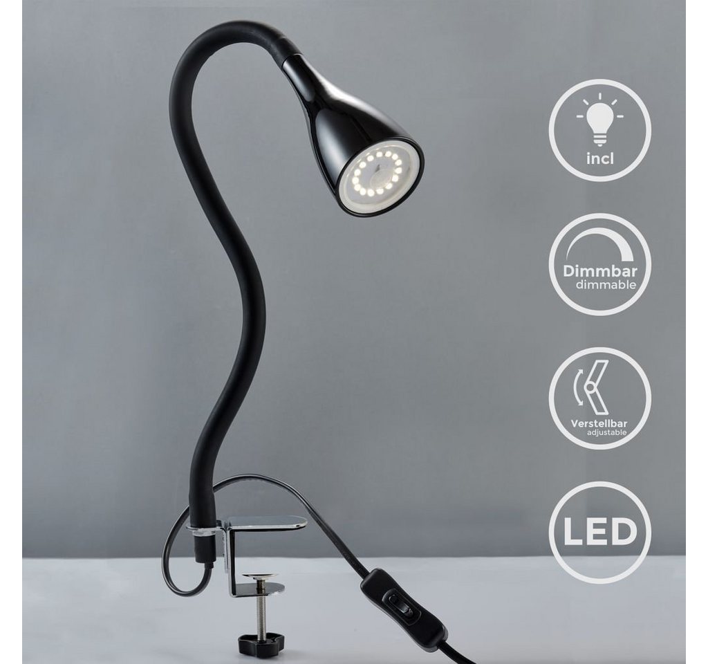 B.K.Licht Tischleuchte LED Klemmleuchte dimmbar flexibel GU10 5W Büro Schreibtisch - BKL1079, LED wechselbar, 3000K - Warmweiß, Tischlampe schwarz Schnurschalter 60cm Leselampe Arbeitszimmer Regal