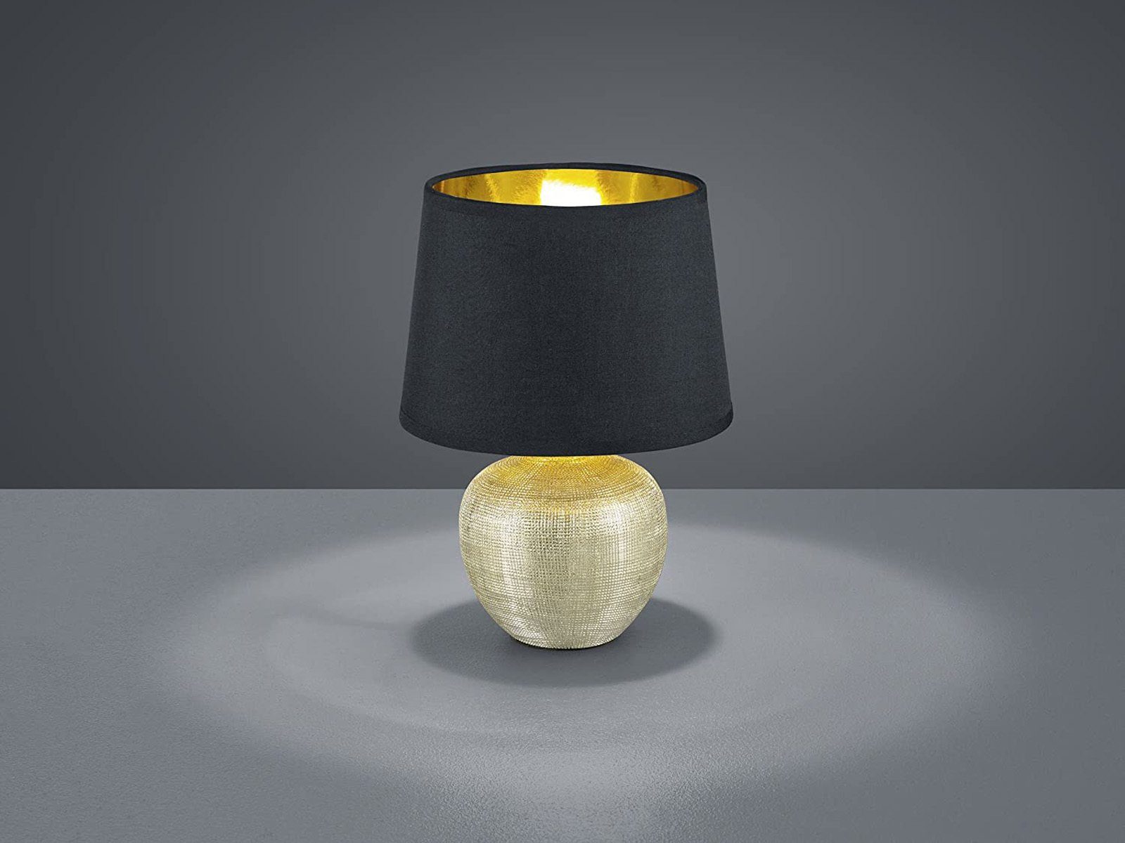 Reality Leuchten LED Nachttischlampe, Dimmfunktion, LED wechselbar, Warmweiß, kleine Fensterlampe Fensterbank Lampenschirm Stoff Schwarz Gold H 26cm