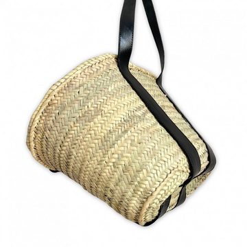 l-artisan Korbtasche Marokkanische Tragetasche, Einkaufstasche, Strandtasche, Handgefertigt PALMBLATT-TASCHE mit Schwarze Ledergriffen IBIZA-2S