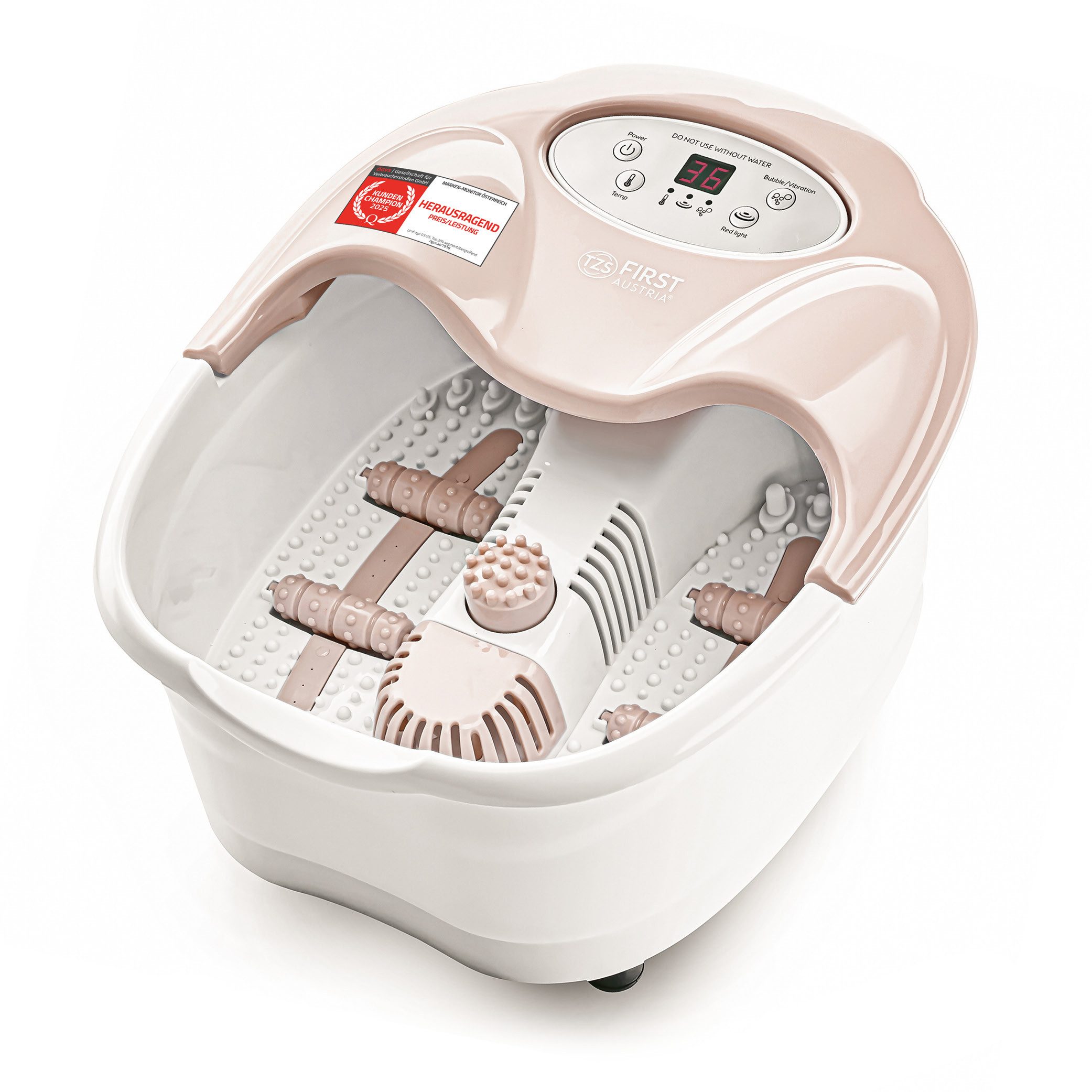 TZS FIRST AUSTRIA Fußmassagegerät Digital 450W, Massagefunktion, LED-Display & Rotlicht, bis Größe 43, Fußsprudelbad mit 3 Aufsätzen, Spritzschutz & Aromabox