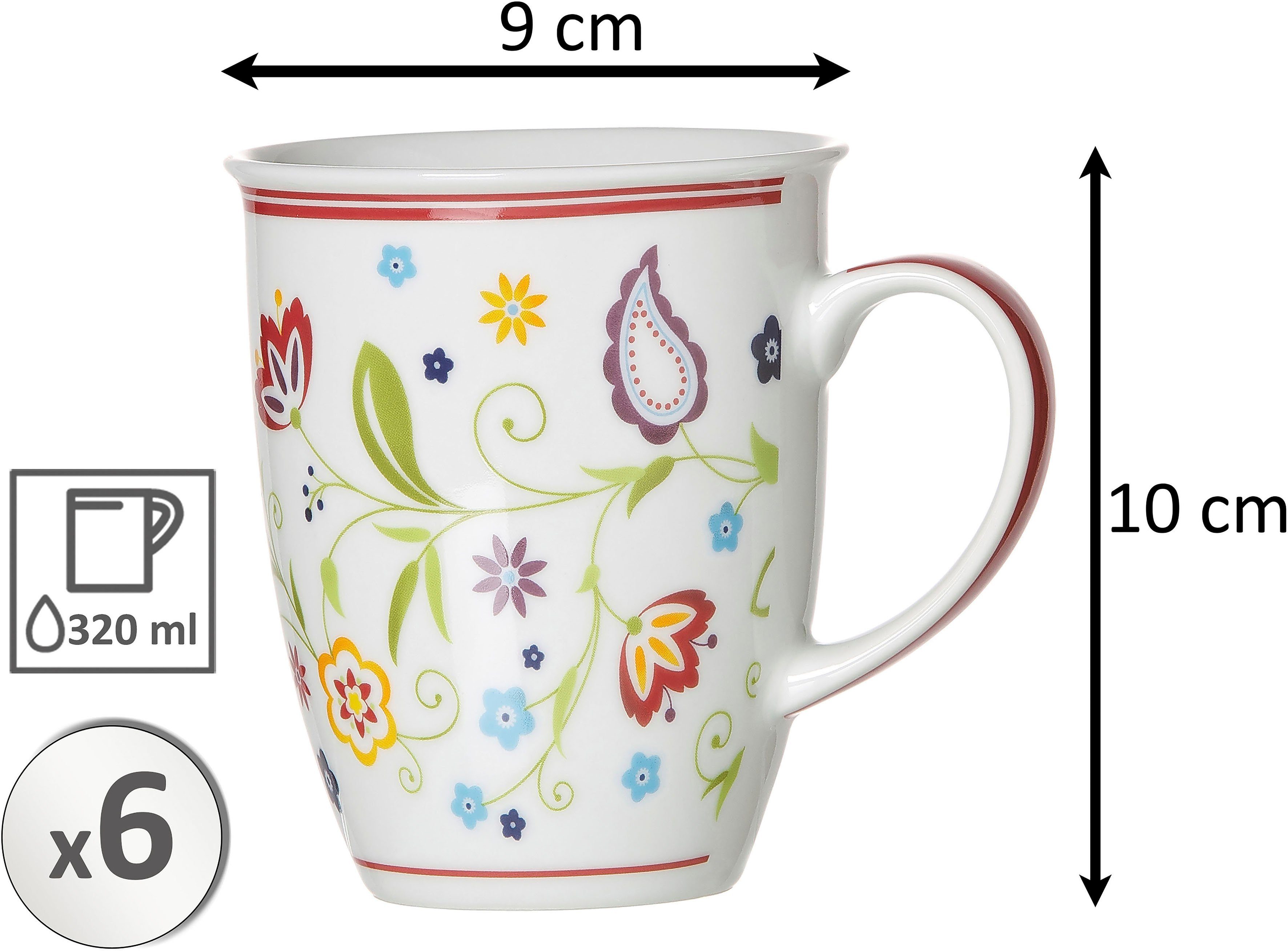 Ritzenhoff & Breker Becher Doppio Shanti, 6-teilig, 6-tlg., Porzellan, Paisley-Blüten-Dekor