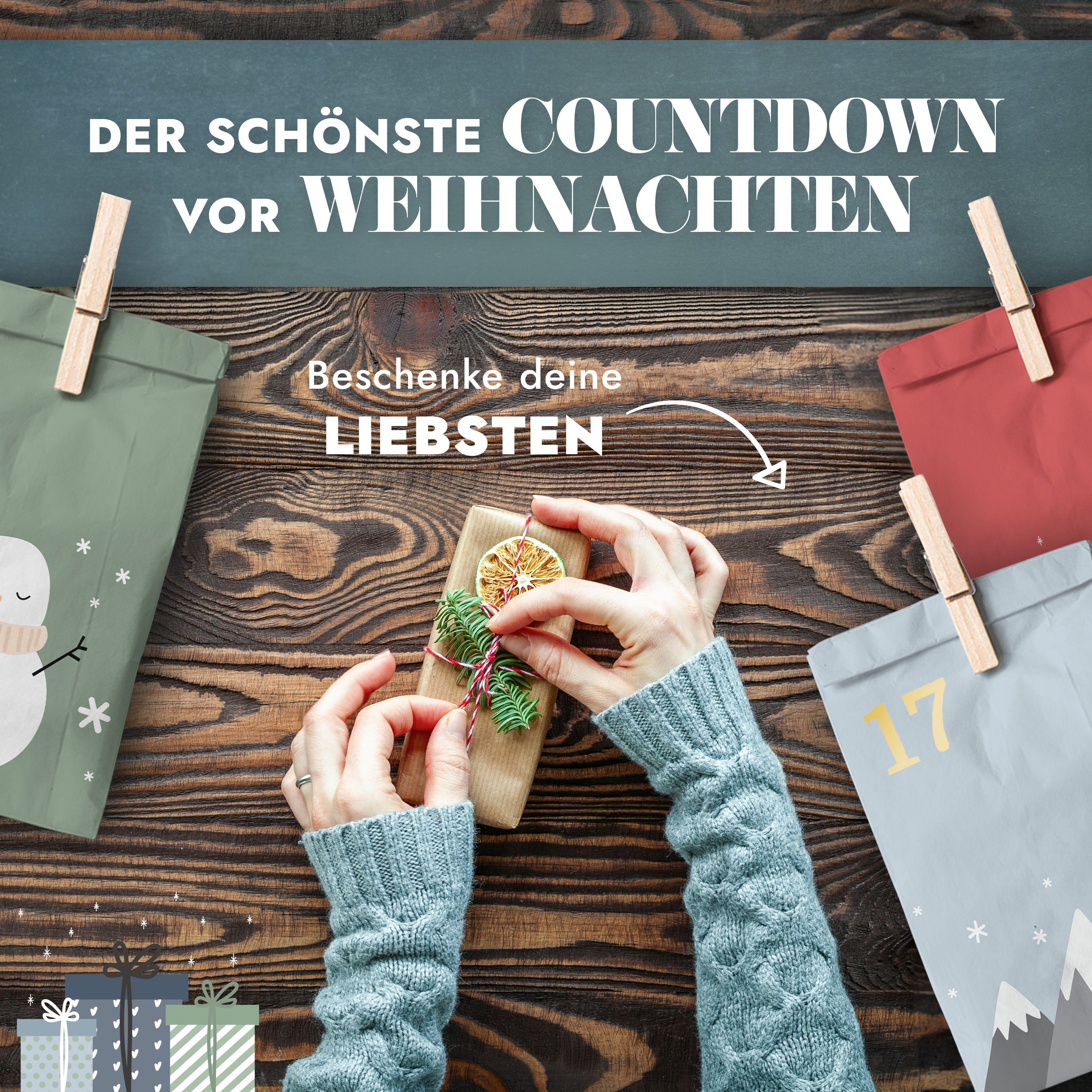 Amari befüllbarer Adventskalender Adventskalender zum Befüllen 2026, 24 Papiertüten 14×22 cm mit Zahlen (DIY Set, 72-tlg), Designs für Kinder & Erwachsene, wied – Bild 3 von 5