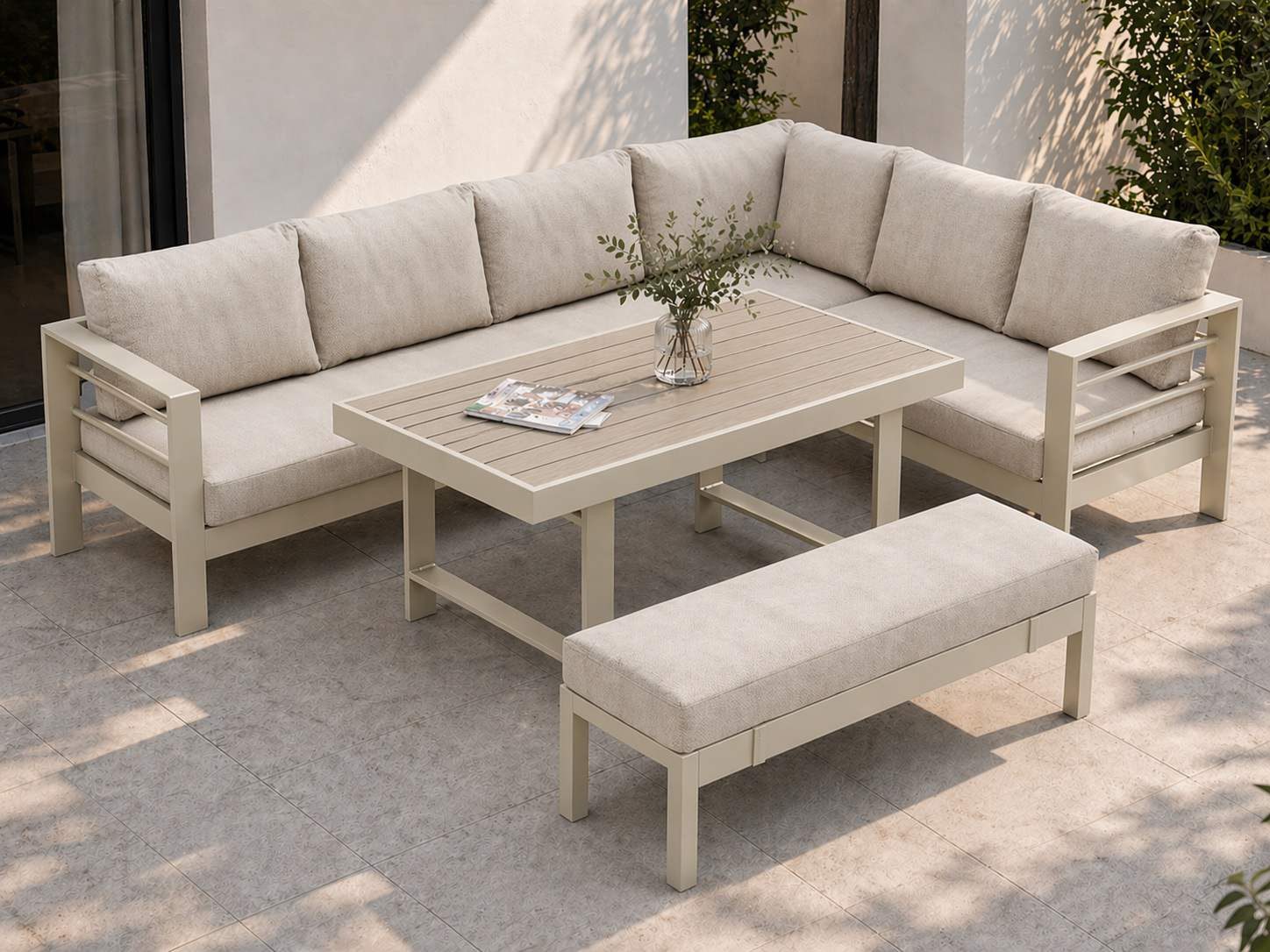 MeXo Gartenlounge-Set XXL Gartenmöbel Set Aluminium für 6-8 Personen, (Dining Loungeset Outdoor, 5-tlg., mit 12 cm dicken Sitzkissen, pflegeleichte Polywood-Tischplatte), wetterfeste Ecklounge mit Esstisch