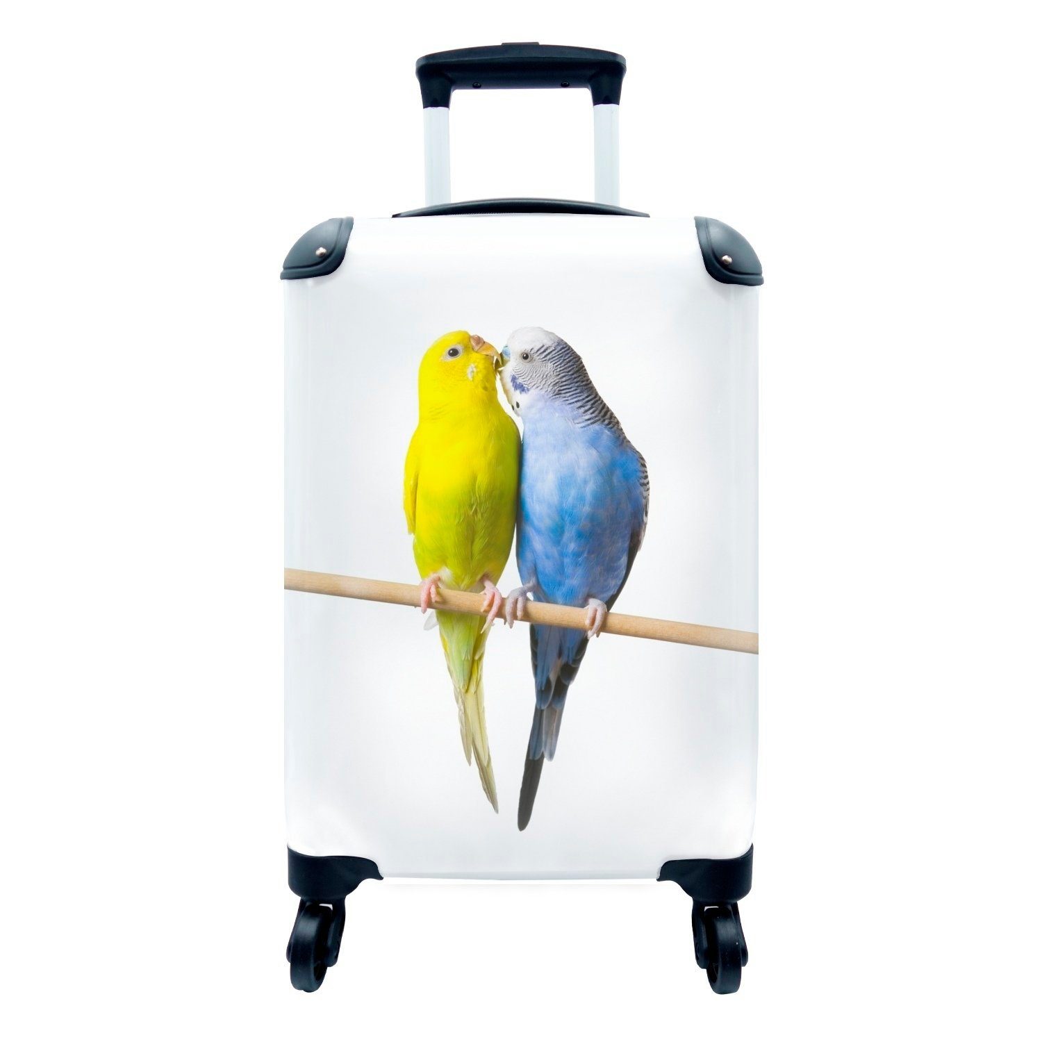 MuchoWow Handgepäckkoffer Zwei liebende Sittiche auf einem weißen Hintergrund, 4 Rollen, Reisetasche mit rollen, Handgepäck für Ferien, Trolley, Reisekoffer