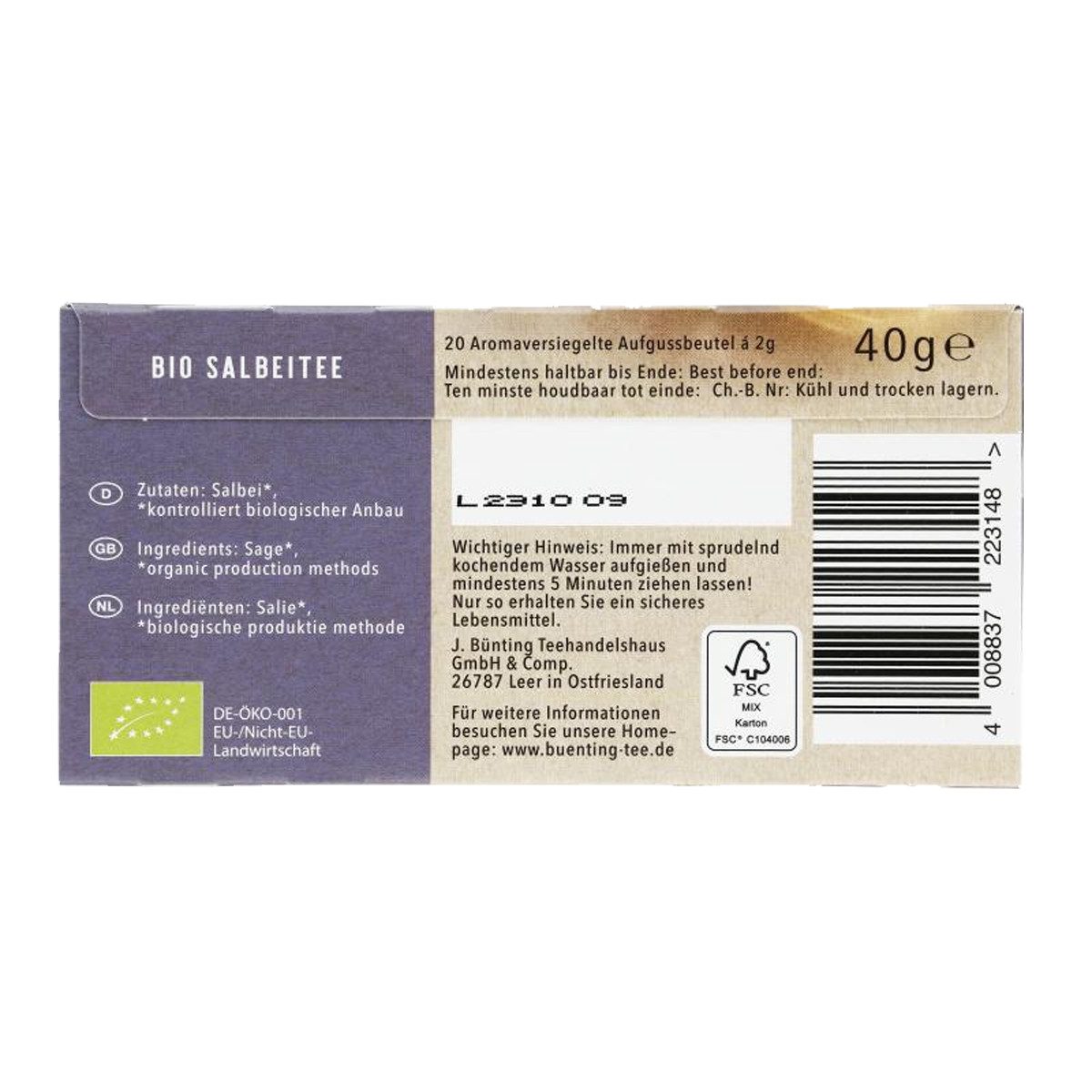 Bünting Tee Tee, Bünting Bio-Salbei 20 Beutel