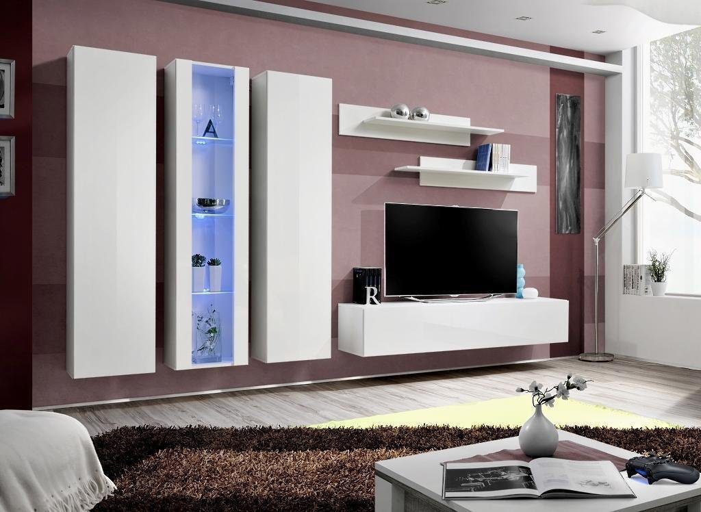 JVmoebel Wohnzimmer-Set Wohnwand Hänge Vitrine Designer TV-Ständer Wohnzimmer Einrichtung, (7-St., Wohnwand, Hänge Vitrine, 2x Wandrega, TV Ständer, 2x Wandschrank), Made in Europa