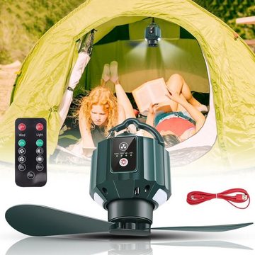 yozhiqu Deckenventilator Camping-Fan mit LED-Licht, wiederaufladbarer Outdoor mit Haken, Fernbedienung, abnehmbare Flügel, 3 Geschwindigkeiten und Helligkeit