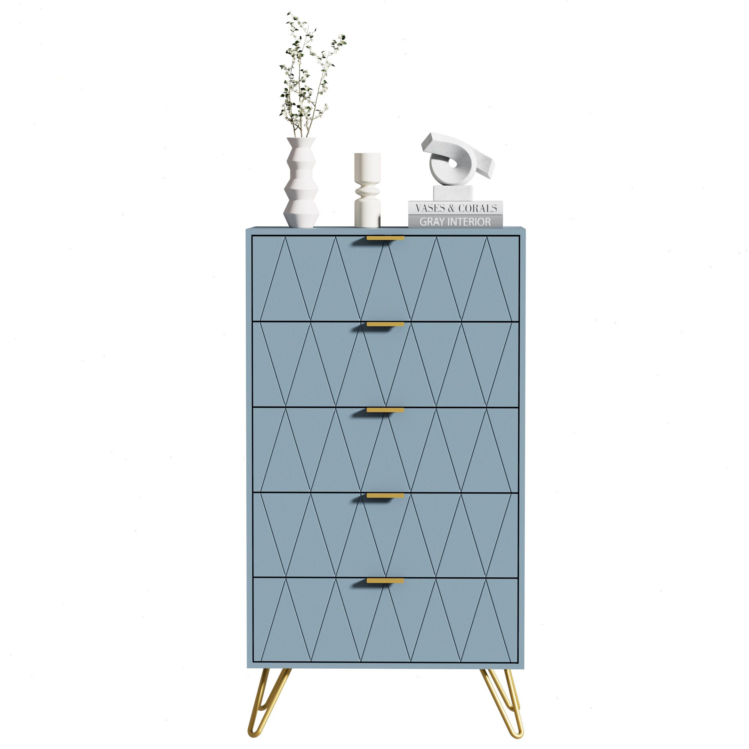 UEV Kommode mit Schubladen, Komodenschrank Schmal Beistellschrank (Mehrzweckschrank für Wohnzimmer Schlafzimmer Büro Flur, Sideboard mit Schubladen), 60x34x110cm, Schubladenschrank, Aufbewahrungsschrank, mit Kisppschutz