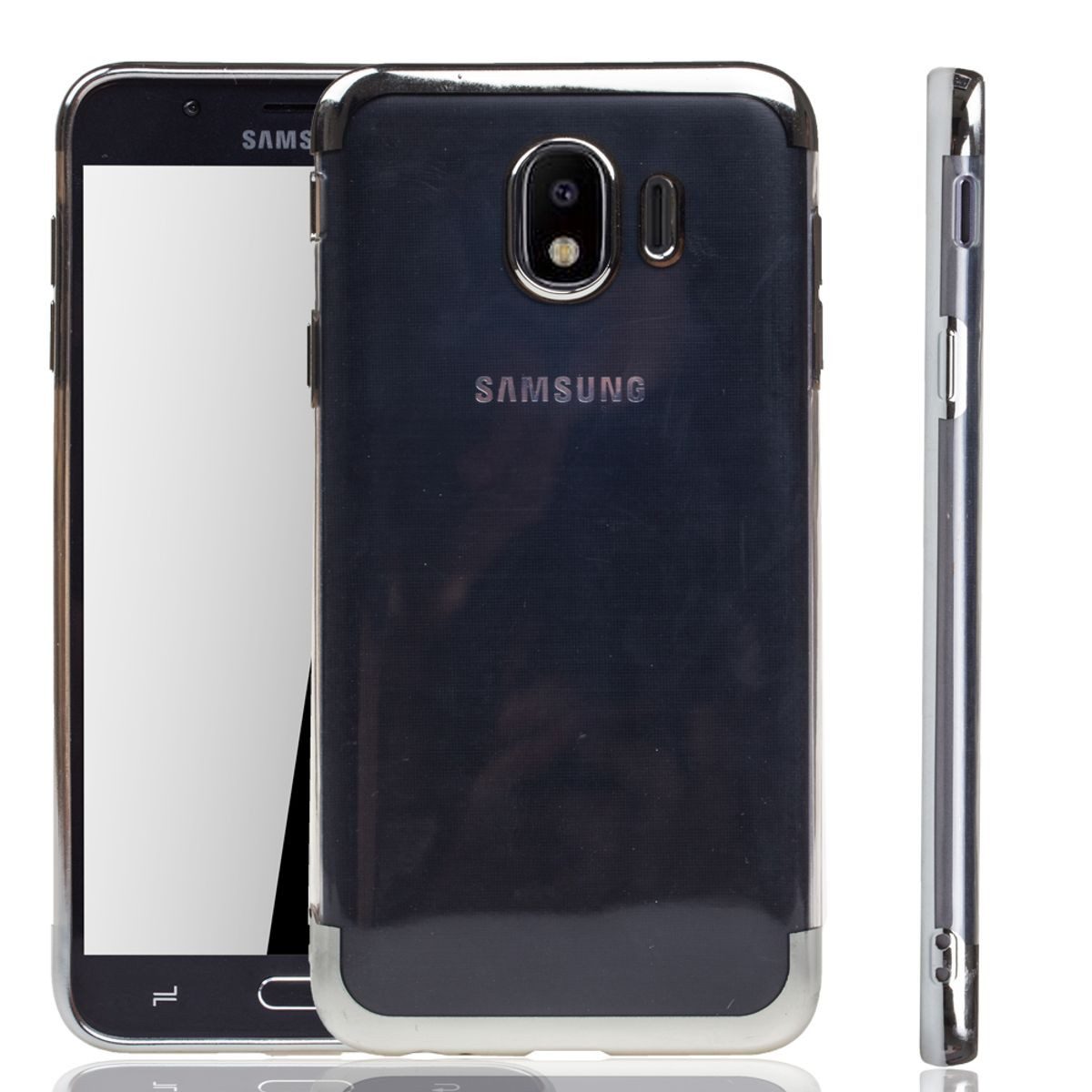 König Design Handyhülle Samsung Galaxy J4, Samsung Galaxy J4 Handyhülle Bumper Backcover Silber