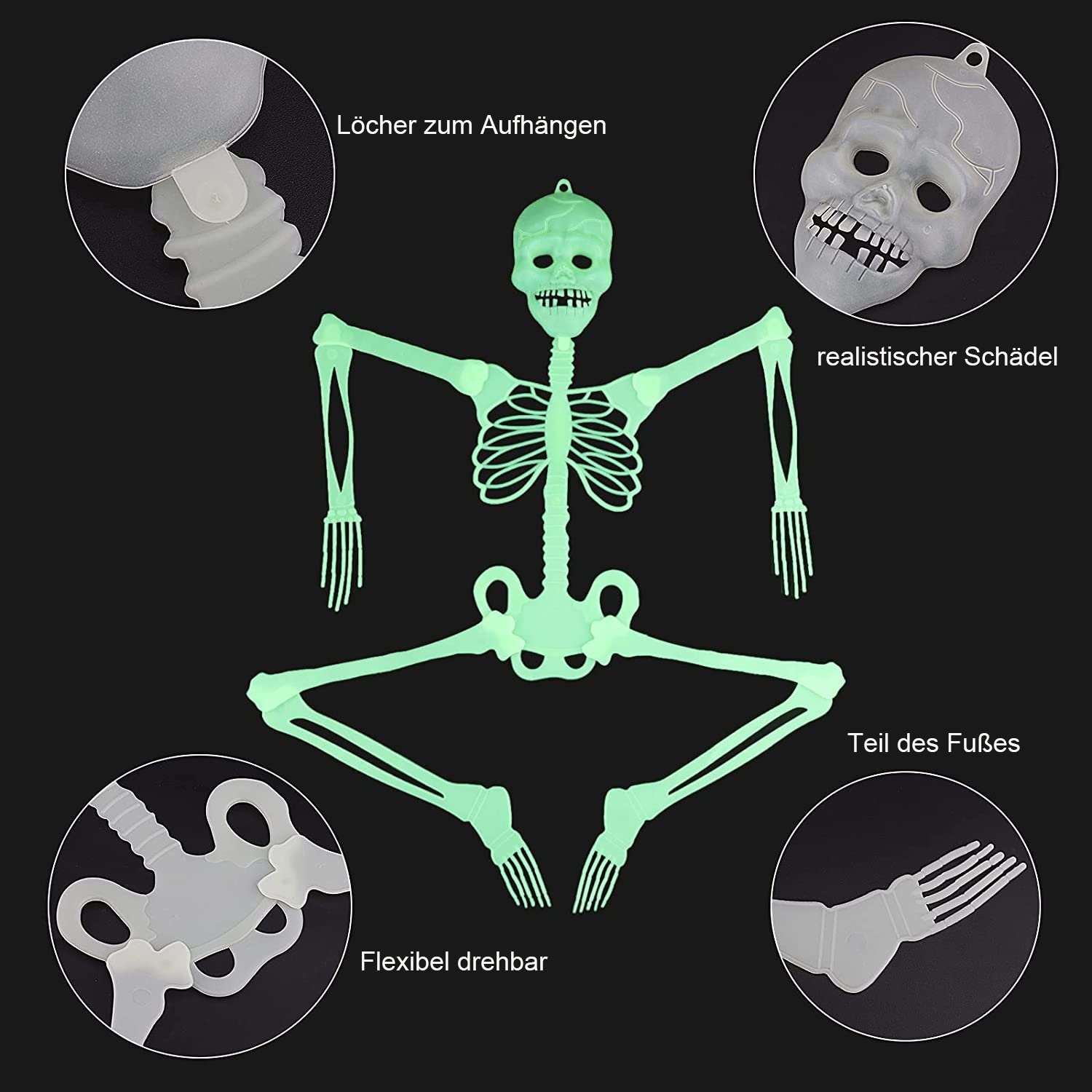 Schädel-Skelett, GelldG Leuchtendes Stück Skelett Halloween Leuchtendes 2 Dekoobjekt