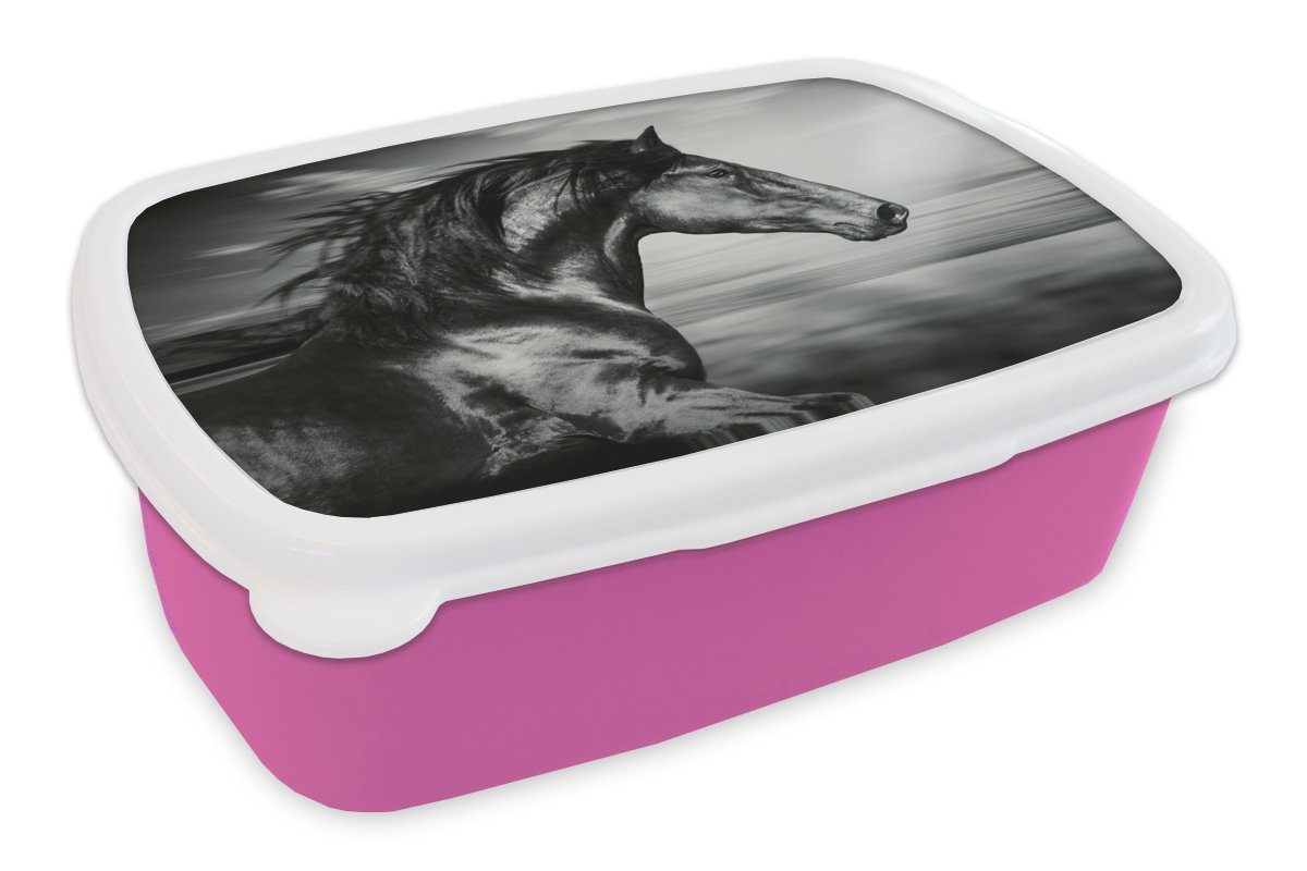 MuchoWow Lunchbox Pferd - Tiere - Schwarz - Weiß, Kunststoff, (2-tlg), Brotbox für Erwachsene, Brotdose Kinder, Snackbox, Mädchen, Kunststoff rosa