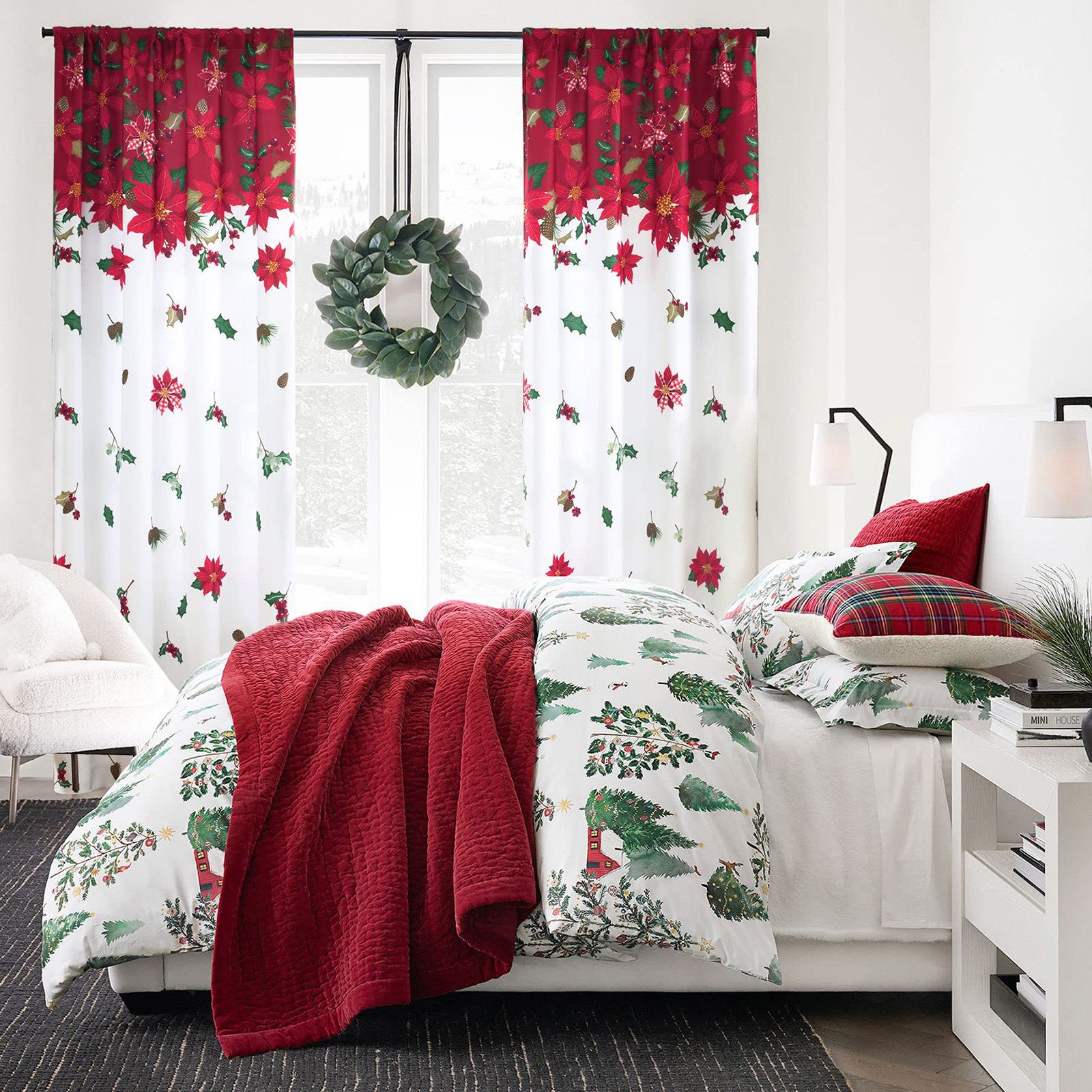 BTTO V&G Gardine Weihnachtsvorhang mit Blumenmuster 2 Stück, verdunkelnd, Stangentasche Obere und Untere