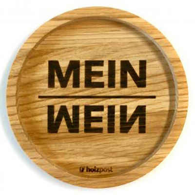 Landshop24 Getränkeuntersetzer Holzpost, Untersetzer, MeinWein, Zubehör für Kaffeebecher Weinglas Bierglas Flasche, aus Eichenholz