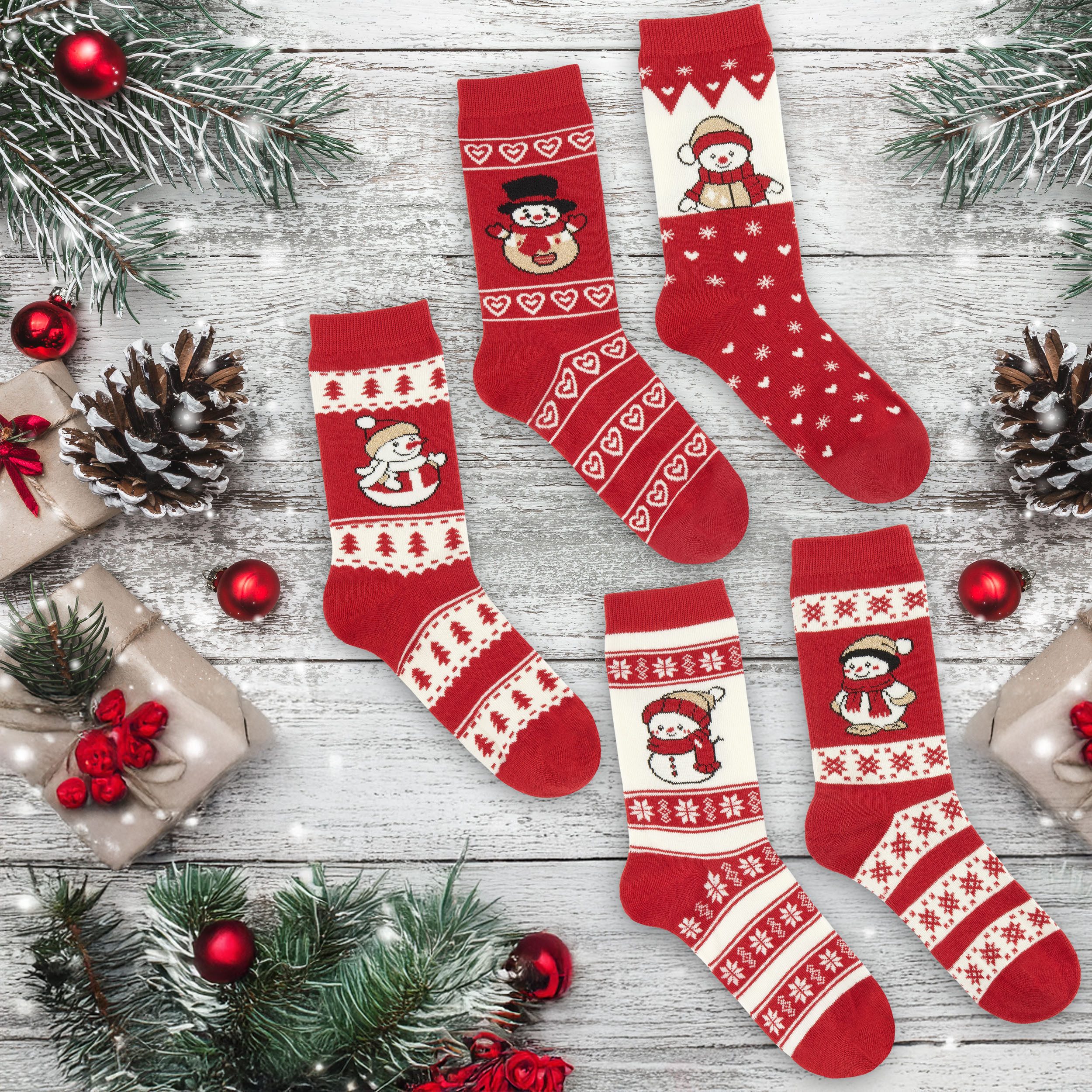 BRUBAKER Socken Weihnachtssocken Set - 5 Paar Wintersocken aus Baumwolle - Weihnachten (Geschenk für Frauen, 5-Paar, Rot & Weiß - Größe 36-41) Damen Sockenset mit Norwegersocken Muster