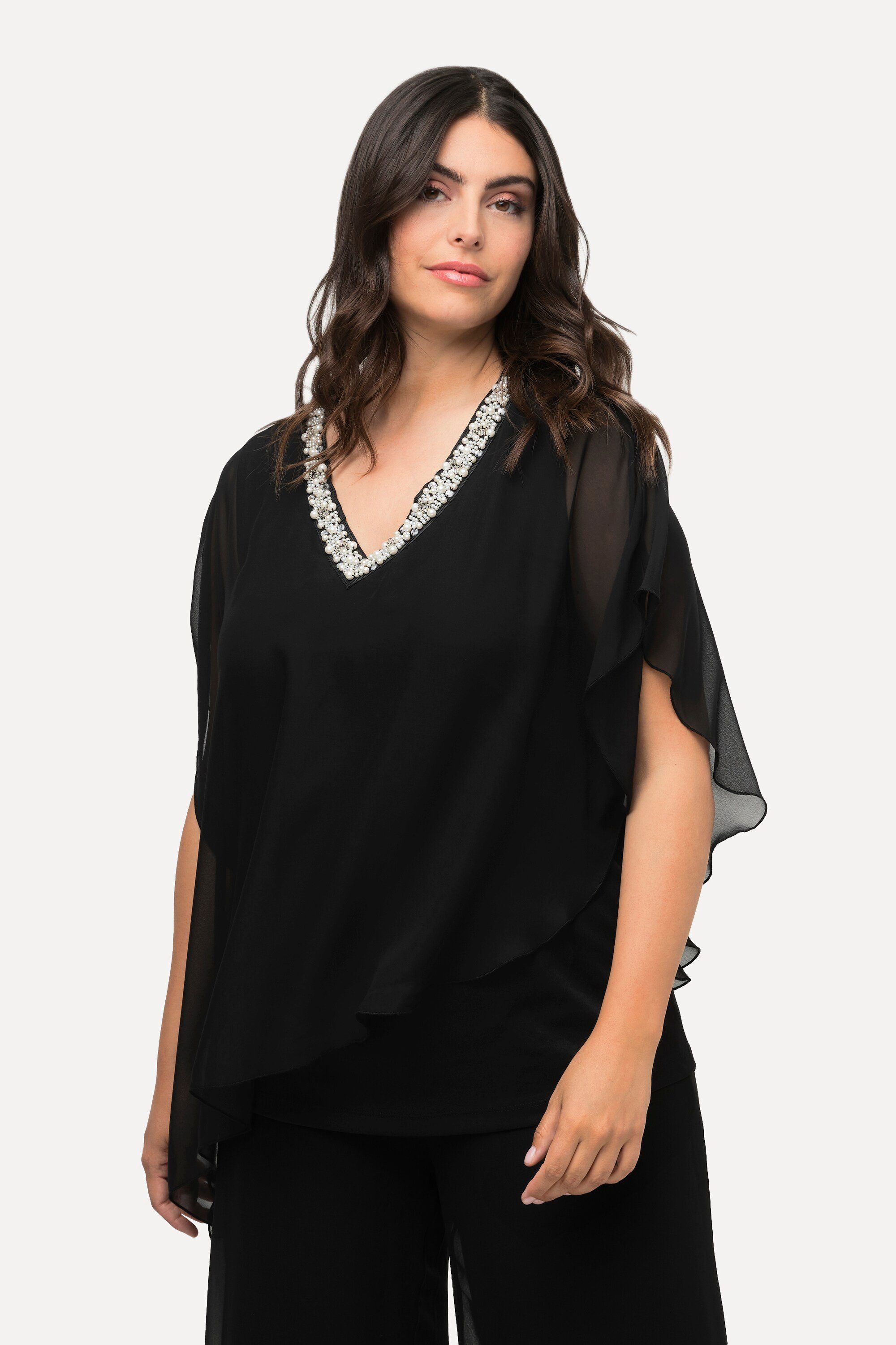 Ulla Popken Longbluse Chiffonbluse doppellagig V-Ausschnitt günstig online kaufen
