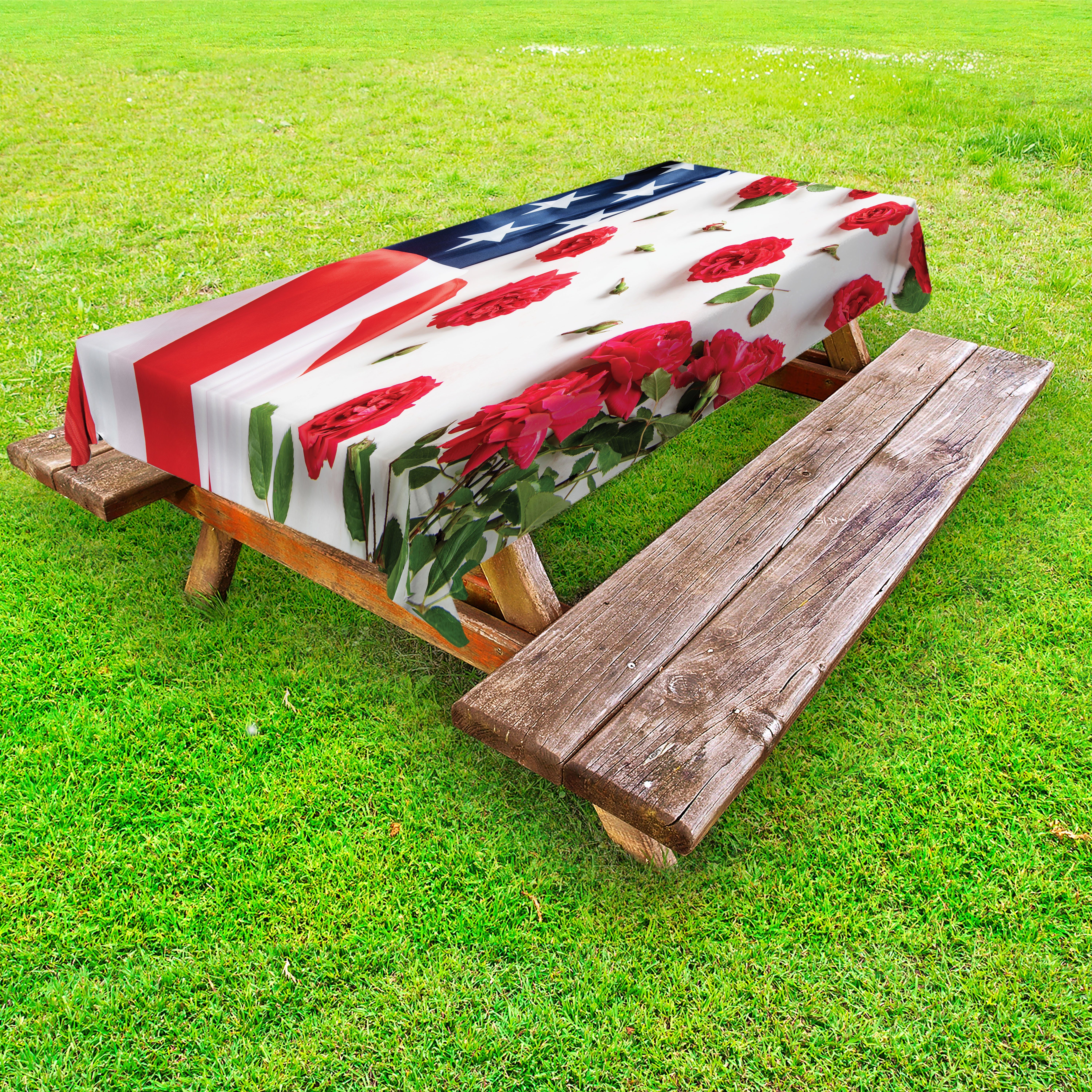 Abakuhaus Tischdecke dekorative waschbare Picknick-Tischdecke, 4. Juli USA-Flagge Liebe Rosen