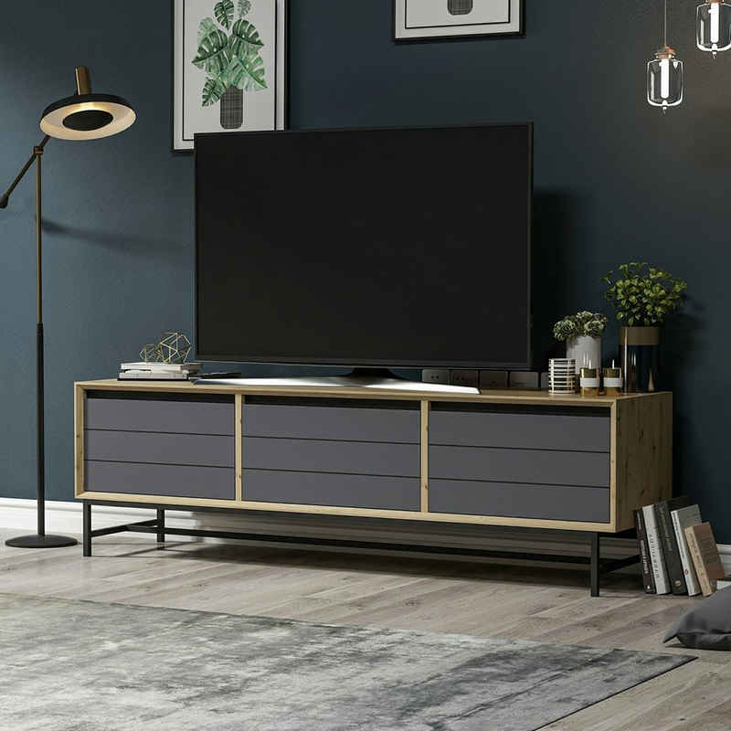 en.casa TV-Schrank »Gørlev« TV Board 45 x 150 x 35 cm mit 3 Schranktüren Lowboard TV Möbel Artisan Eiche / Anthrazit