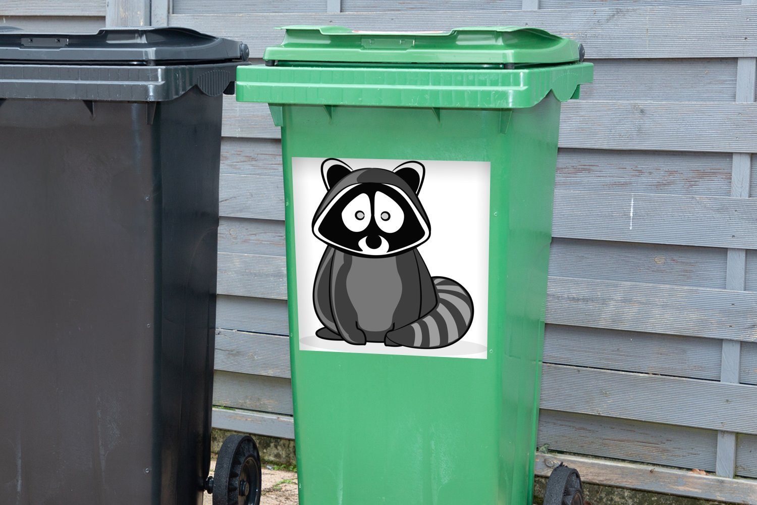Sticker, eines und Abfalbehälter Waschbären weiß Illustration Mülleimer-aufkleber, Mülltonne, Container, MuchoWow - Wandsticker Cartoon (1 schwarz St),